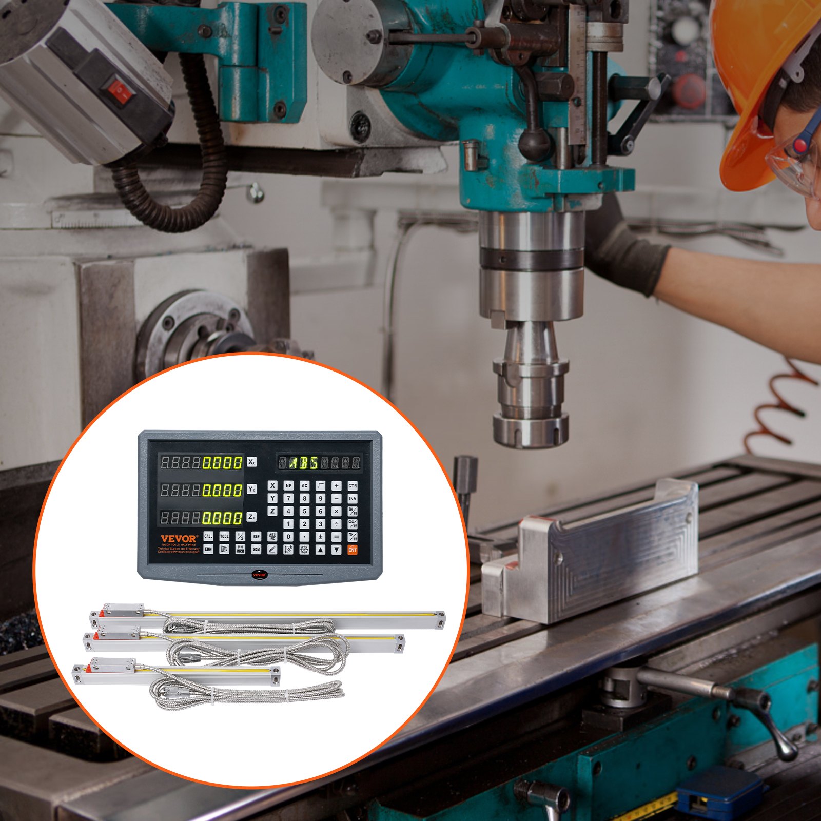 VEVOR Display digitale, 250, 500, 600 mm, scala lineare a 3 assi DRO asta di supporto portacoltelli piastra cavo di alimentazione supporto dell'orologio pezzo a farfalla vite coperchio righello