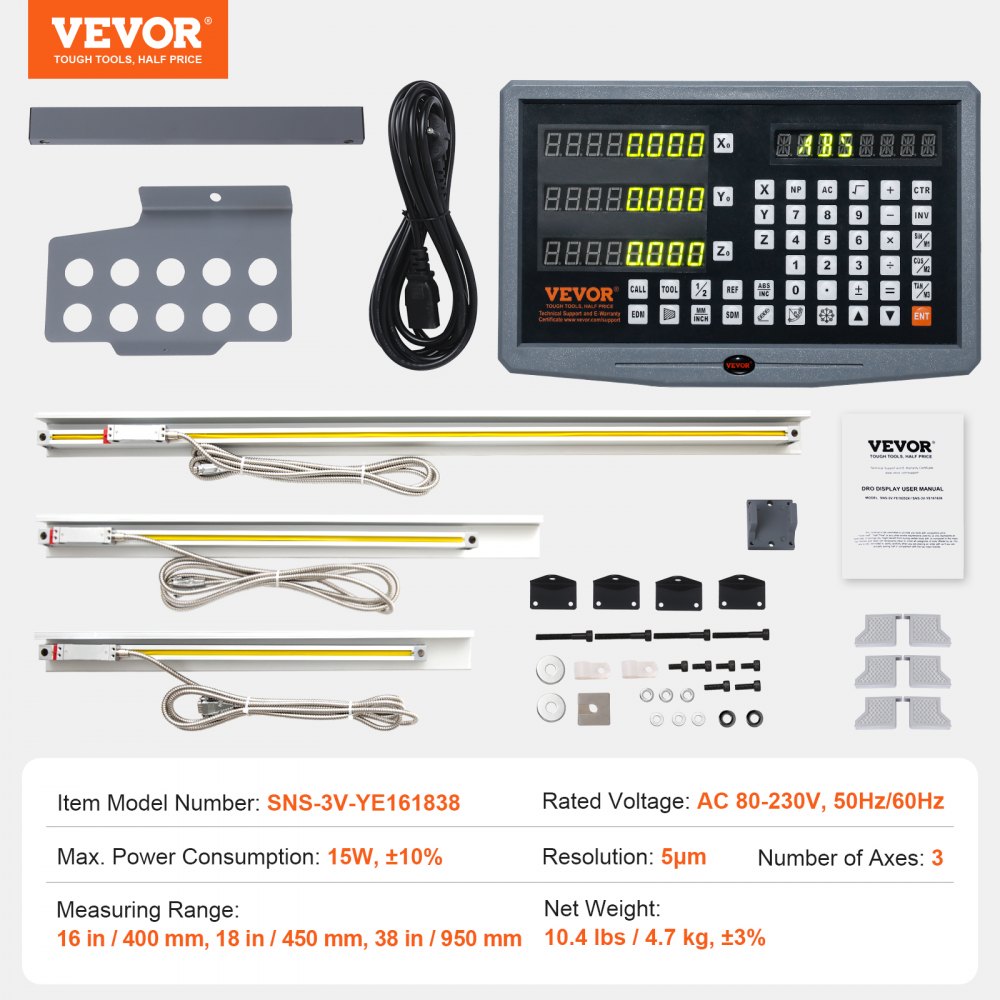 VEVOR Display Digitale, 400, 450, 950mm, Scala Lineare a 3 Assi Staffa per Asta DRO Porta Coltello Piastra Custodia Orologio Cavo di Alimentazione Parte Porta Orologio Farfalla Copri Vite Righello