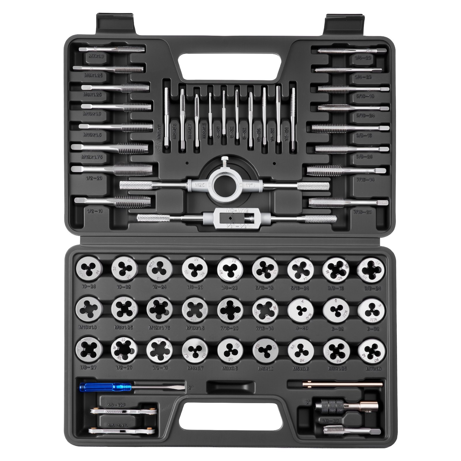 VEVOR Set di Maschi e Filiere 60 Pezzi, Misure Metriche da M3 a M12 e SAE, Kit di Utensili Elicoidi a Filettatura Grossa e Fine con Chiave Custodia Accessori Completi, per Filettatura e Rifilettatura