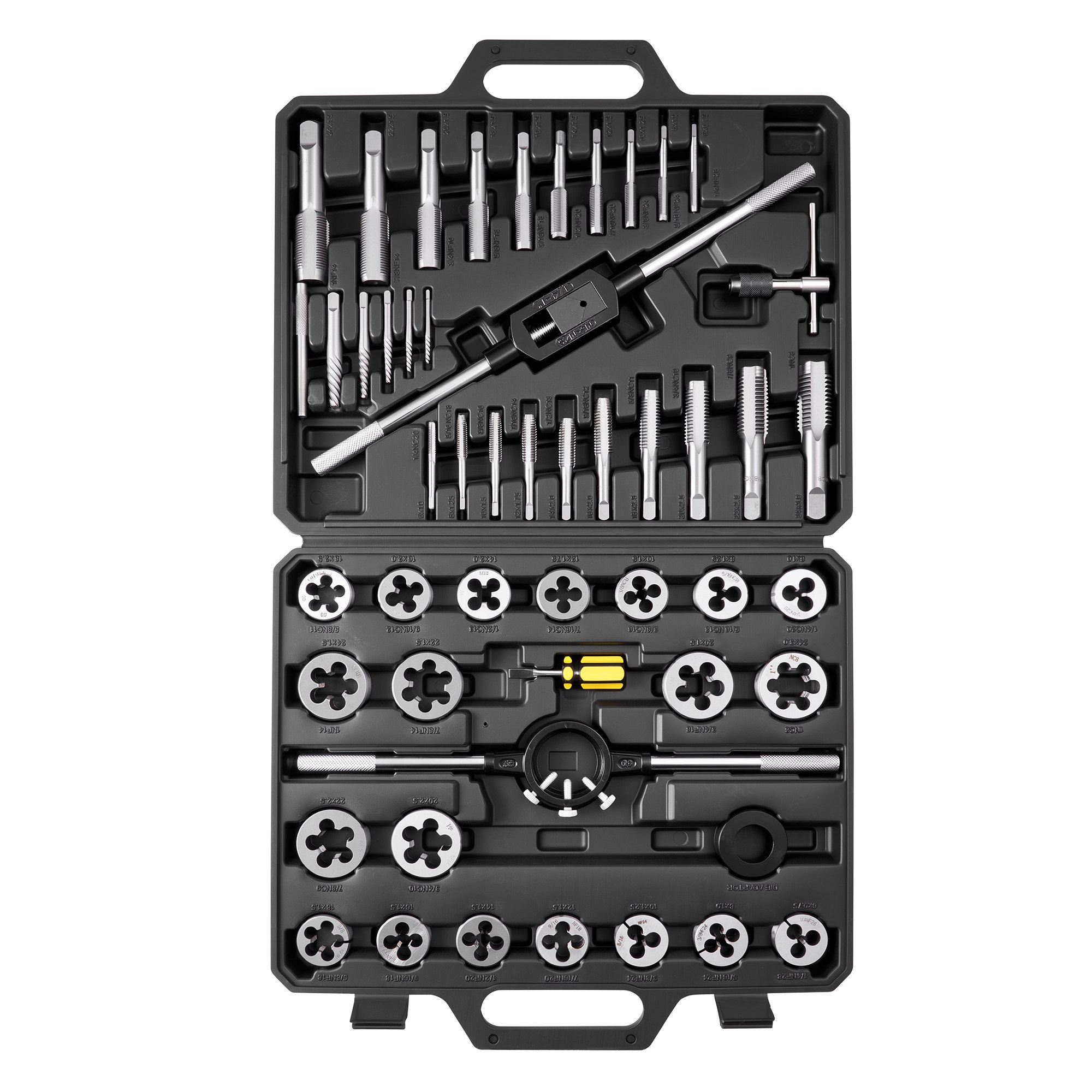 VEVOR Set di Maschi e Filiere da 51 Pezzi, in Acciaio per Cuscinetti, Misure Metriche da M6 a M24, Kit Attrezzature con Maschi e Filiere Chiave Inglese Custodia e Accessori Completi, per Filettatura