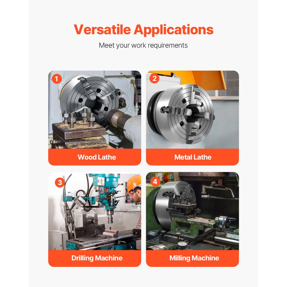 VEVOR Mandrino per Tornio a 4 Griffe, Diametro Esterno da 250 mm Mandrino Autocentrante, Intervallo di Serraggio 15 a 250 mm con Viti di Fissaggio con Chiave a T, Griffe Reversibili, Materiale HT300
