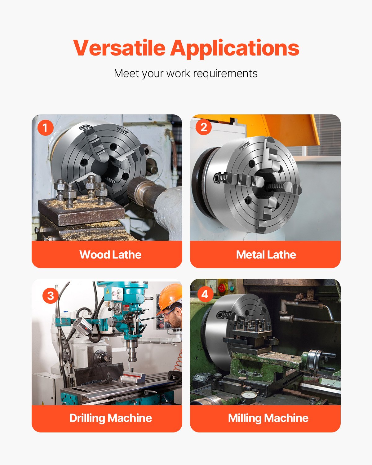 VEVOR 4-jaw lathe chuck, 250 mm, collet chuck, 15-250 mm clamping range with T-key mounting screws, reversible jaws, HT300 material, for wood/metal lathe