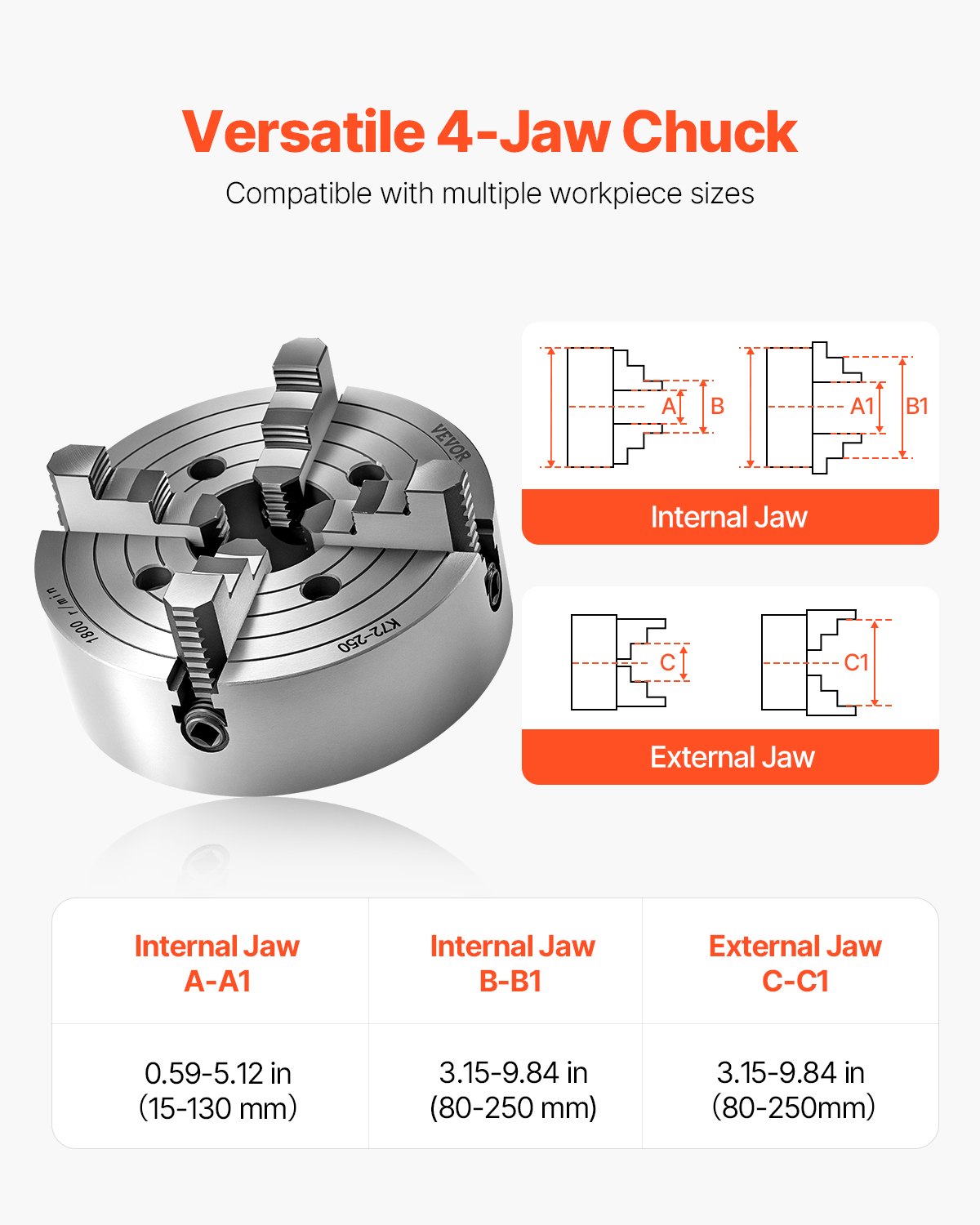VEVOR Mandrino per Tornio a 4 Griffe, Diametro Esterno da 250 mm Mandrino Autocentrante, Intervallo di Serraggio 15 a 250 mm con Viti di Fissaggio con Chiave a T, Griffe Reversibili, Materiale HT300