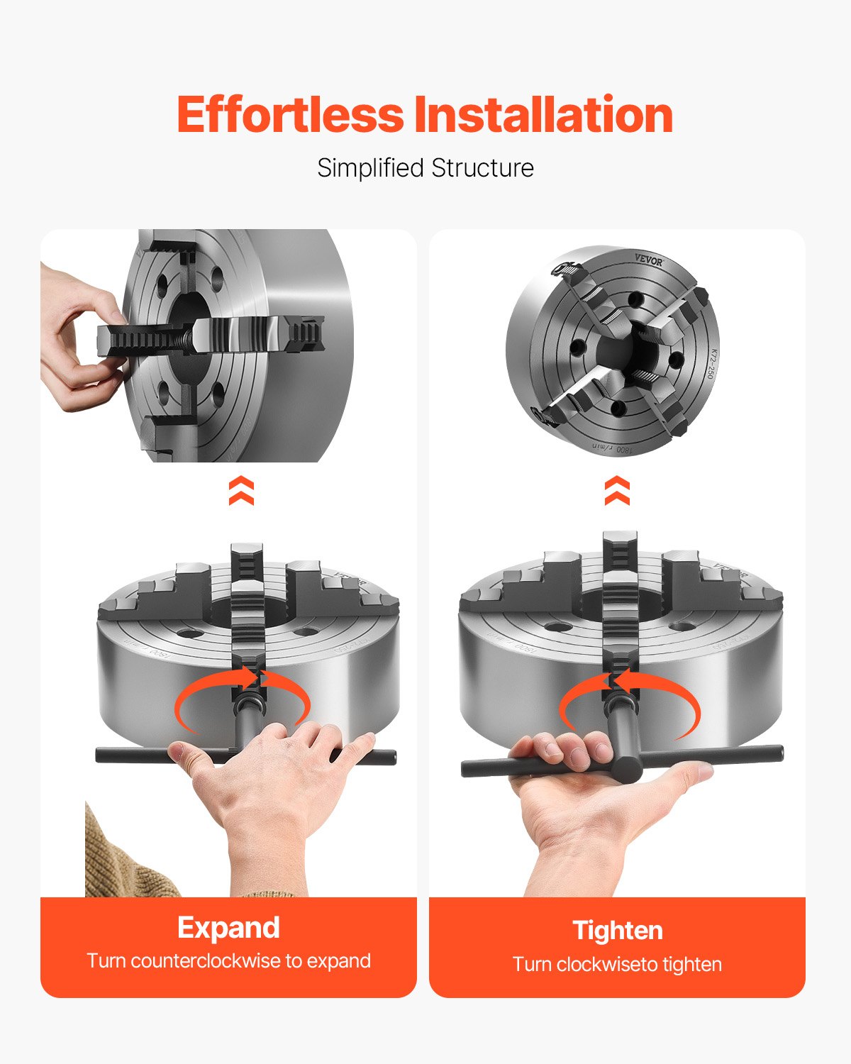 VEVOR Mandrino per Tornio a 4 Griffe, Diametro Esterno da 250 mm Mandrino Autocentrante, Intervallo di Serraggio 15 a 250 mm con Viti di Fissaggio con Chiave a T, Griffe Reversibili, Materiale HT300