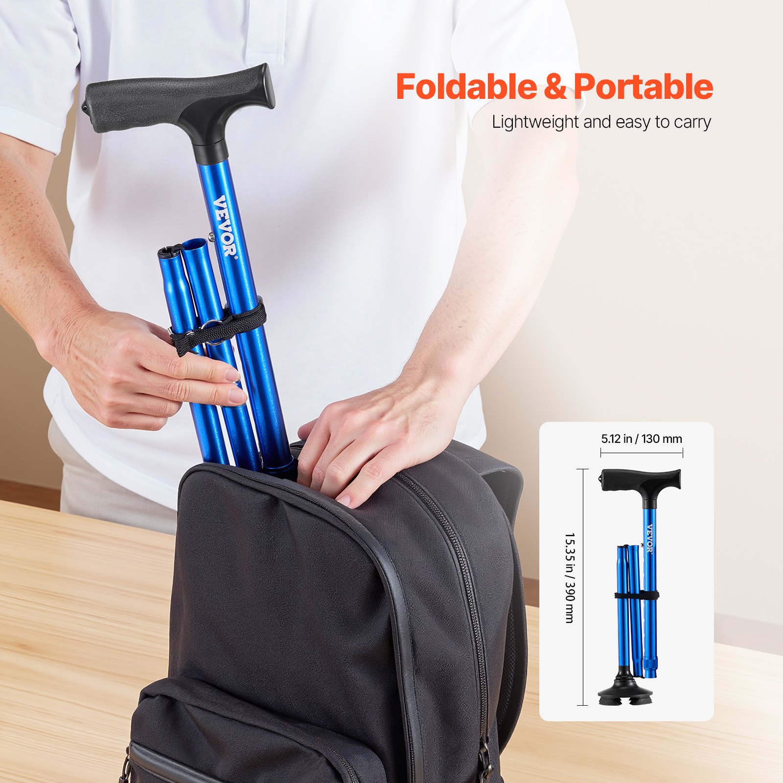 VEVOR Bastone da Passeggio, Carico di 113 kg Bastone da Passeggio Pieghevole con Altezza Regolabile a 8 Livelli, Base Girevole a 4 Punte, Ausilio per Mobilità in Alluminio Leggero e Portatile, Blu