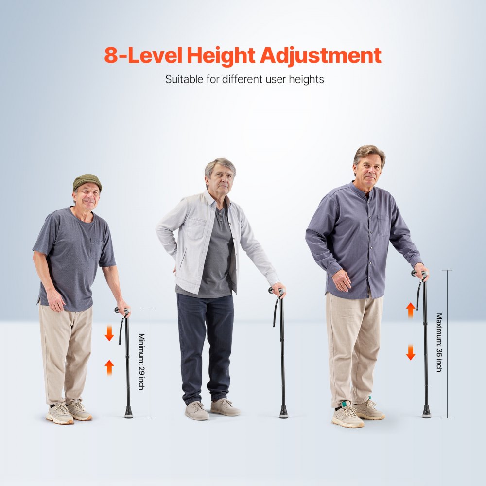 VEVOR Bastone da Passeggio, Carico 113 kg Bastone da Passeggio Pieghevole, Altezza Regolabile a 8 Livelli e Punta Antiscivolo, Ausilio per Mobilità in Alluminio Leggero Portatile per Anziani
