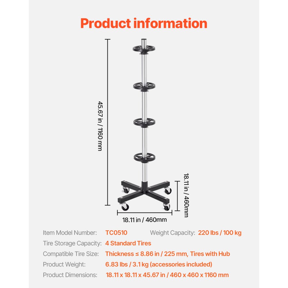 VEVOR Supporto per Pneumatici, Portata Max. 100 kg Albero Asta Porta Pneumatici in Acciaio per 4 Pneumatici con Cerchioni, Porta Gomme Salvaspazio per Pneumatici con Larghezza Fino a 255 mm per Garage