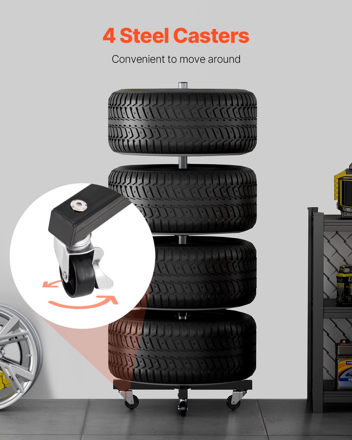 VEVOR Supporto per Pneumatici, Portata Max. 100 kg Albero Asta Porta Pneumatici in Acciaio per 4 Pneumatici con Cerchioni, Porta Gomme Salvaspazio per Pneumatici con Larghezza Fino a 255 mm per Garage