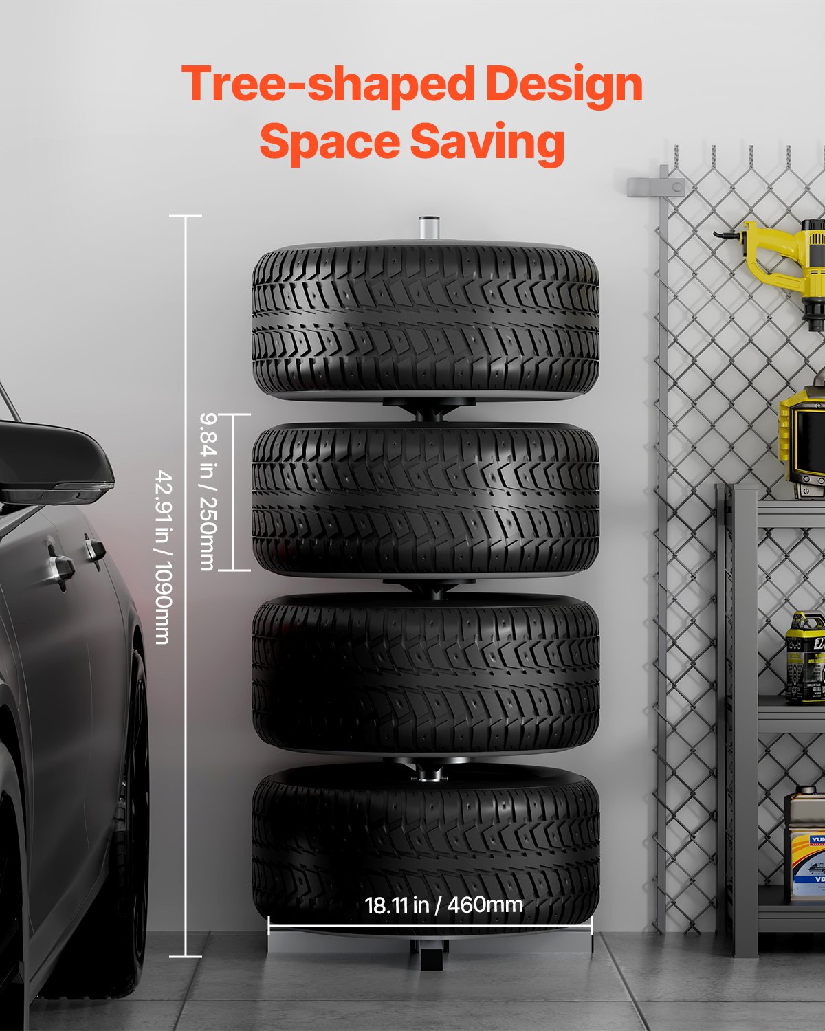 VEVOR Supporto per Pneumatici, Portata Max. 100 kg Albero Asta Porta Pneumatici in Acciaio per 4 Pneumatici con Cerchi, Porta Gomme Salvaspazio per Pneumatici Fino a 255 mm di Larghezza, per Garage