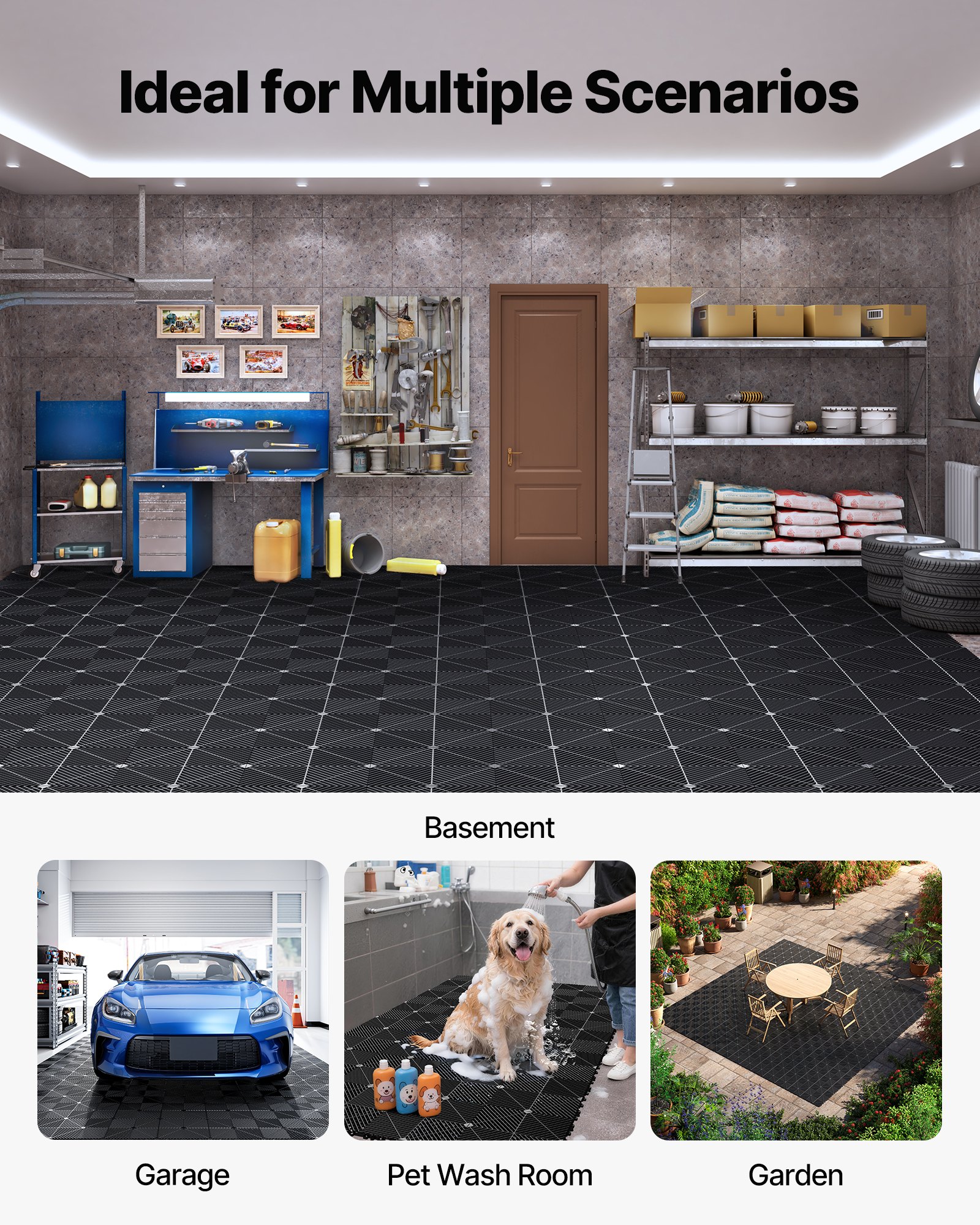 VEVOR Set di Tappetini di Drenaggio ad Incastro 50 pezzi da Garage, Set di Piastrelle 31 x 31 cm per Pavimenti da Garage Antiscivolo Materiale in PP Pavimentazione Modulare per Ambienti Umidi, Nero