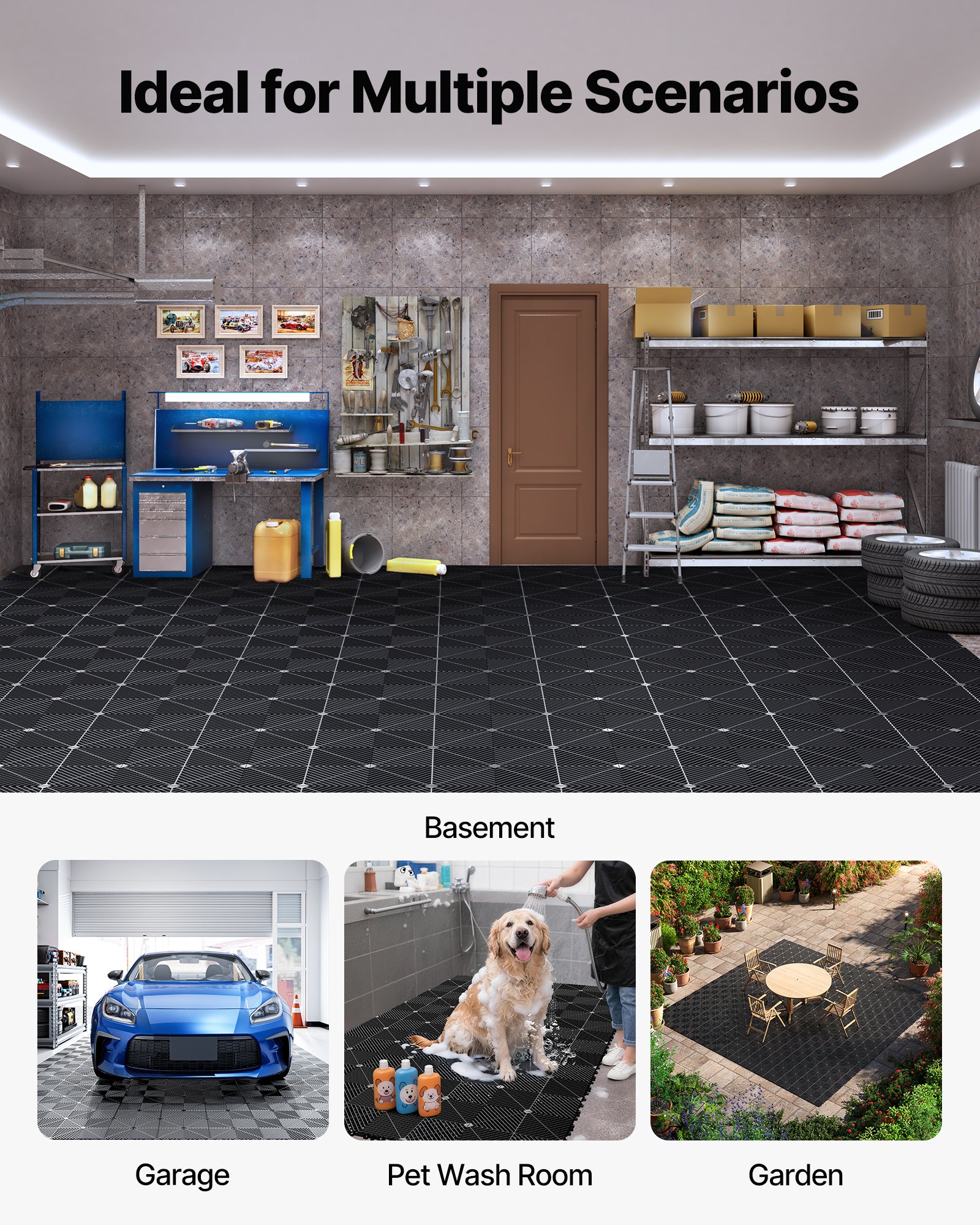 VEVOR Set di Tappetini di Drenaggio ad Incastro 55 pezzi, Set di Piastrelle 31 x 31 cm per Pavimenti da Garage Antiscivolo Drenante Materiale in PP Pavimentazione Modulare per Ambienti Umidi, Grigio