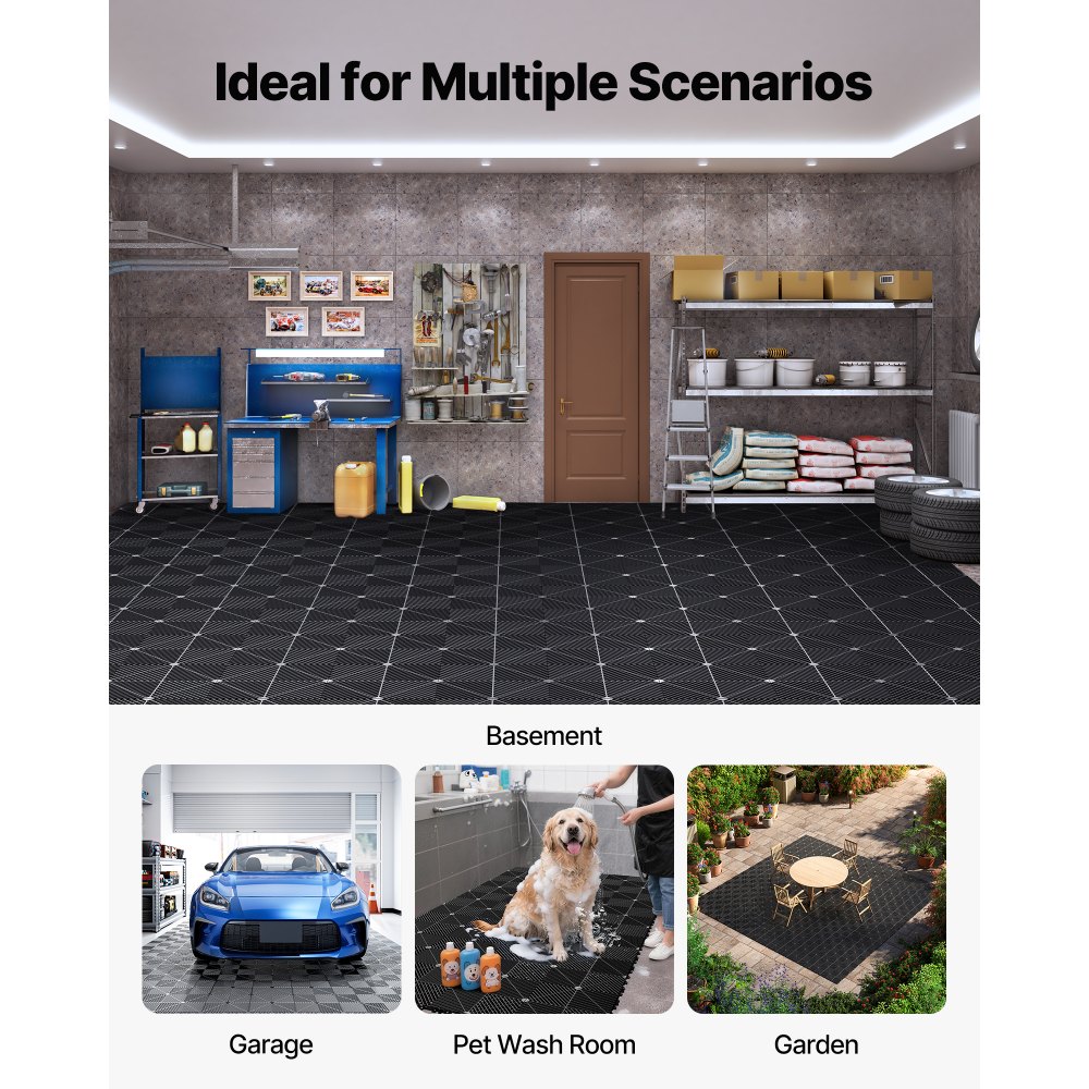 VEVOR Set di Tappetini di Drenaggio ad Incastro 50 pezzi 31 x 31 cm, Set di Piastrelle per Pavimenti da Garage Antiscivolo Materiale in PP Pavimento Modulare da Garage Officina Cucina Piscina, Grigio