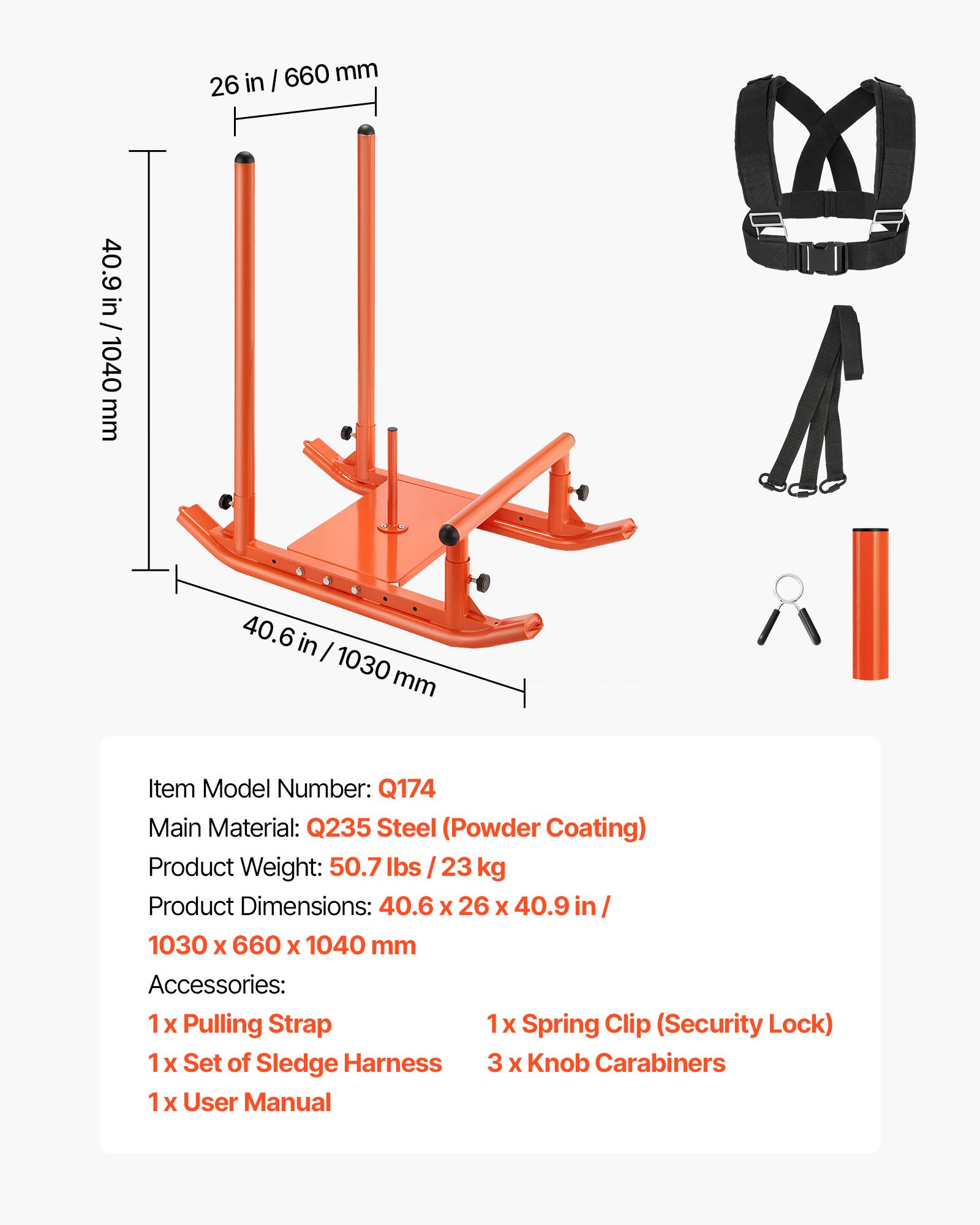 VEVOR Weight Sled, Steel Power Sled, Fitness Strength Training Sleds for Athletic Exercise Speed Improvement, Workout Fitness Equipment with Handle, Compatible with 25/51 mm Weight Plates, Orange