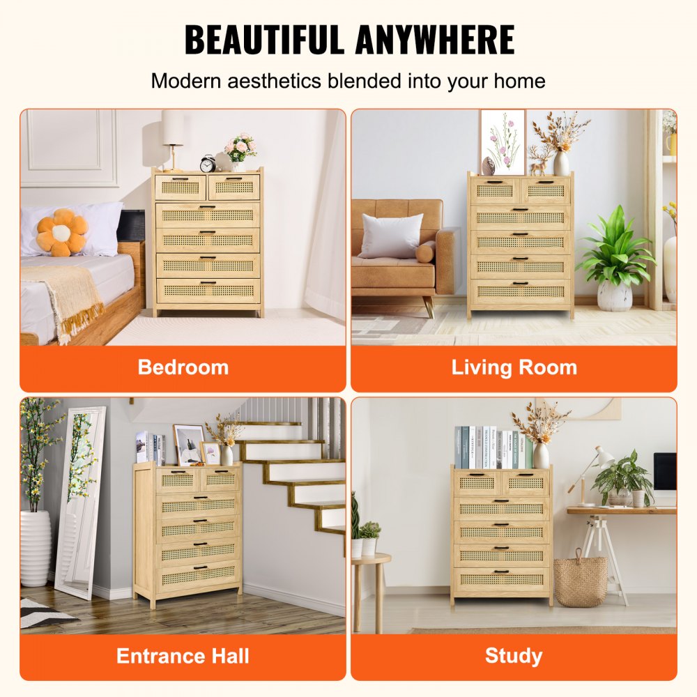 VEVOR Cassettiere in Rattan Naturale con 5 Cassetti, Moderna Cassettiera Armadio in Legno per Vestiti e Contenitori Boho con Maniglie e Gambe Robuste, per Camera da Letto Colore del Legno Naturale