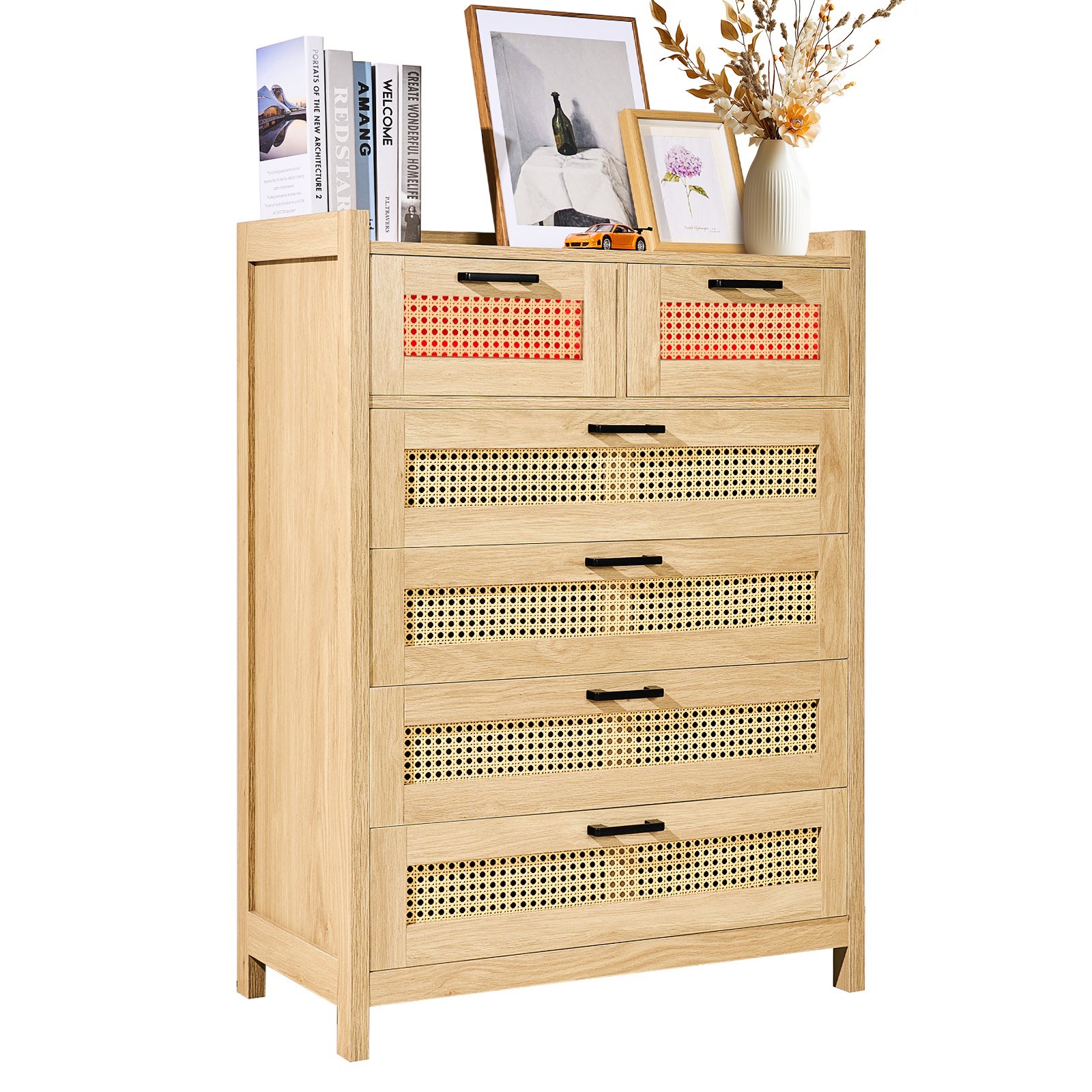 VEVOR Cassettiere in Rattan Naturale con 5 Cassetti, Moderna Cassettiera Armadio in Legno per Vestiti e Contenitori Boho con Maniglie e Gambe Robuste, per Camera da Letto Colore del Legno Naturale