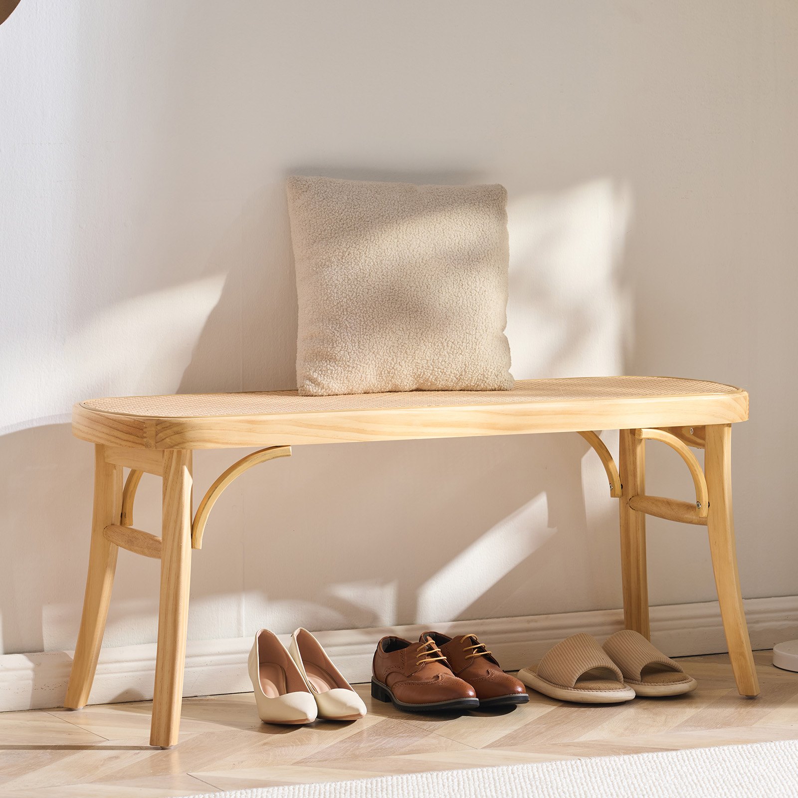 VEVOR Panca in Rattan, Panca in Rattan in Legno da 1100 mm, Panca da Ingresso con Gambe in Quercia, Panca Boho per i Piedi della Camera da Letto con Rattan Intrecciato a Mano, per Soggiorno, Cucina