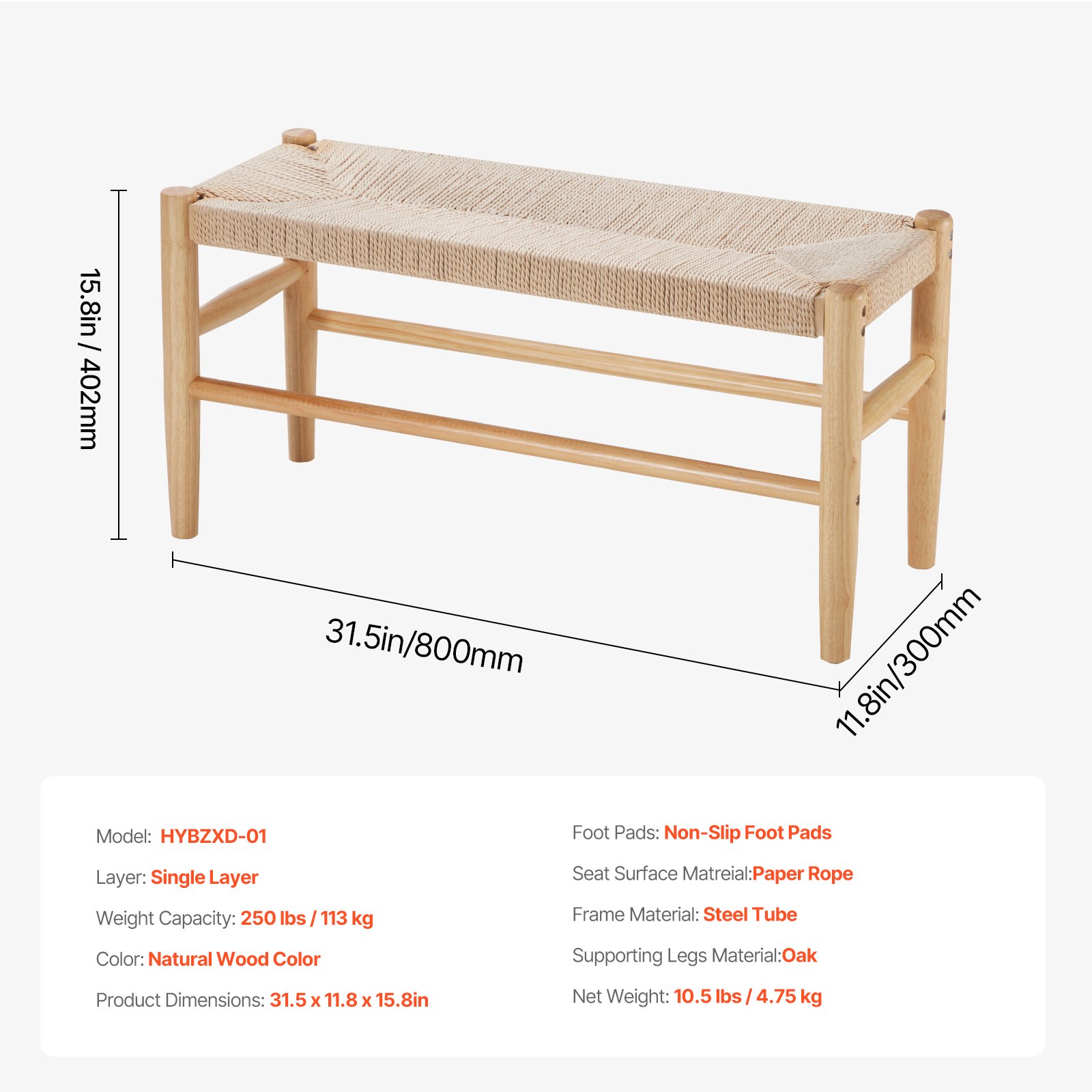 VEVOR Rattan Bench, Entrance Bench, Garden Bench, 800 x 300 x 402 mm with Oak Legs, Hallway Bench, Boho Bench with Hand-Woven Rattan, for Living Room, Bedroom, Hallway, Balcony