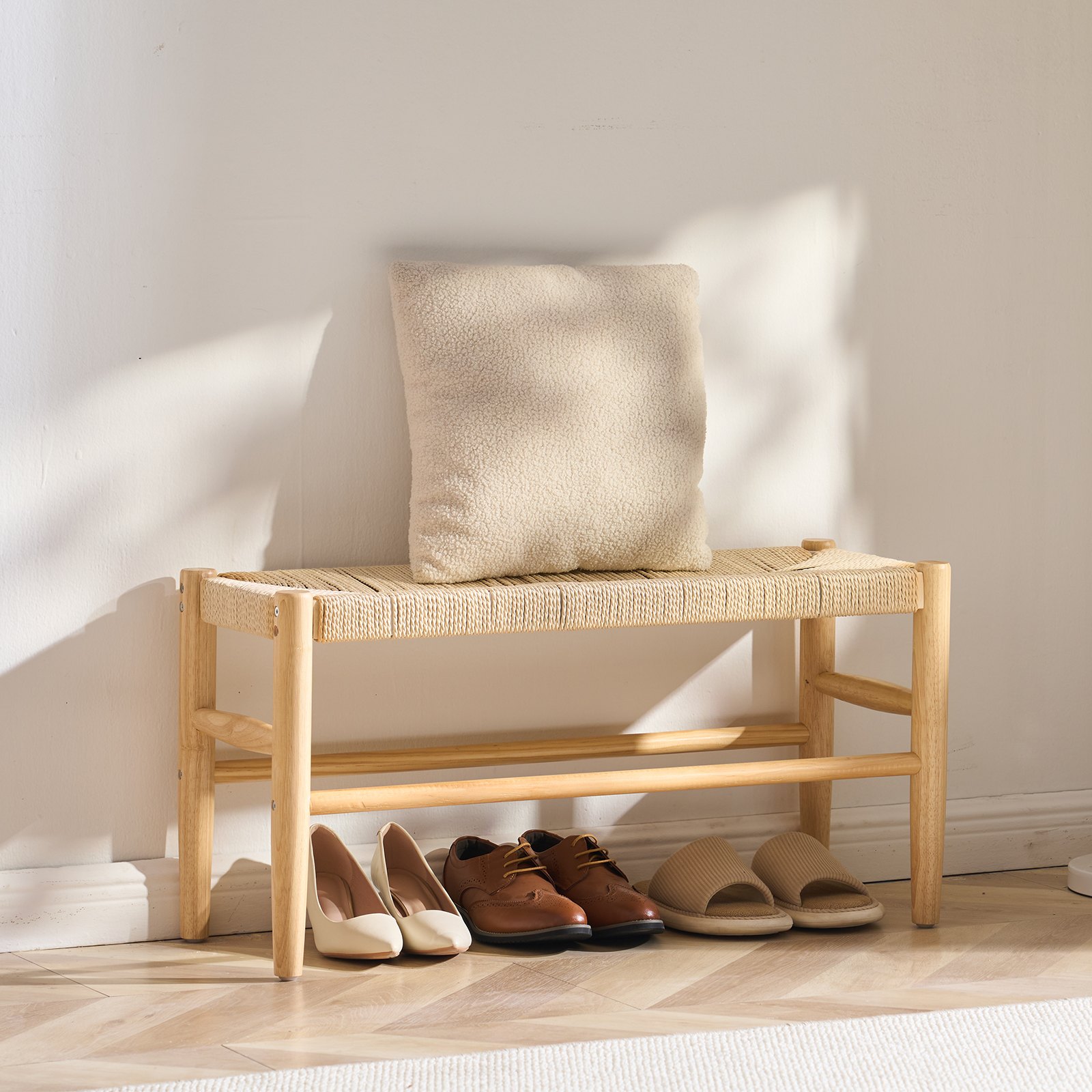 VEVOR Rattan Bench, Entrance Bench, Garden Bench, 800 x 300 x 402 mm with Oak Legs, Hallway Bench, Boho Bench with Hand-Woven Rattan, for Living Room, Bedroom, Hallway, Balcony