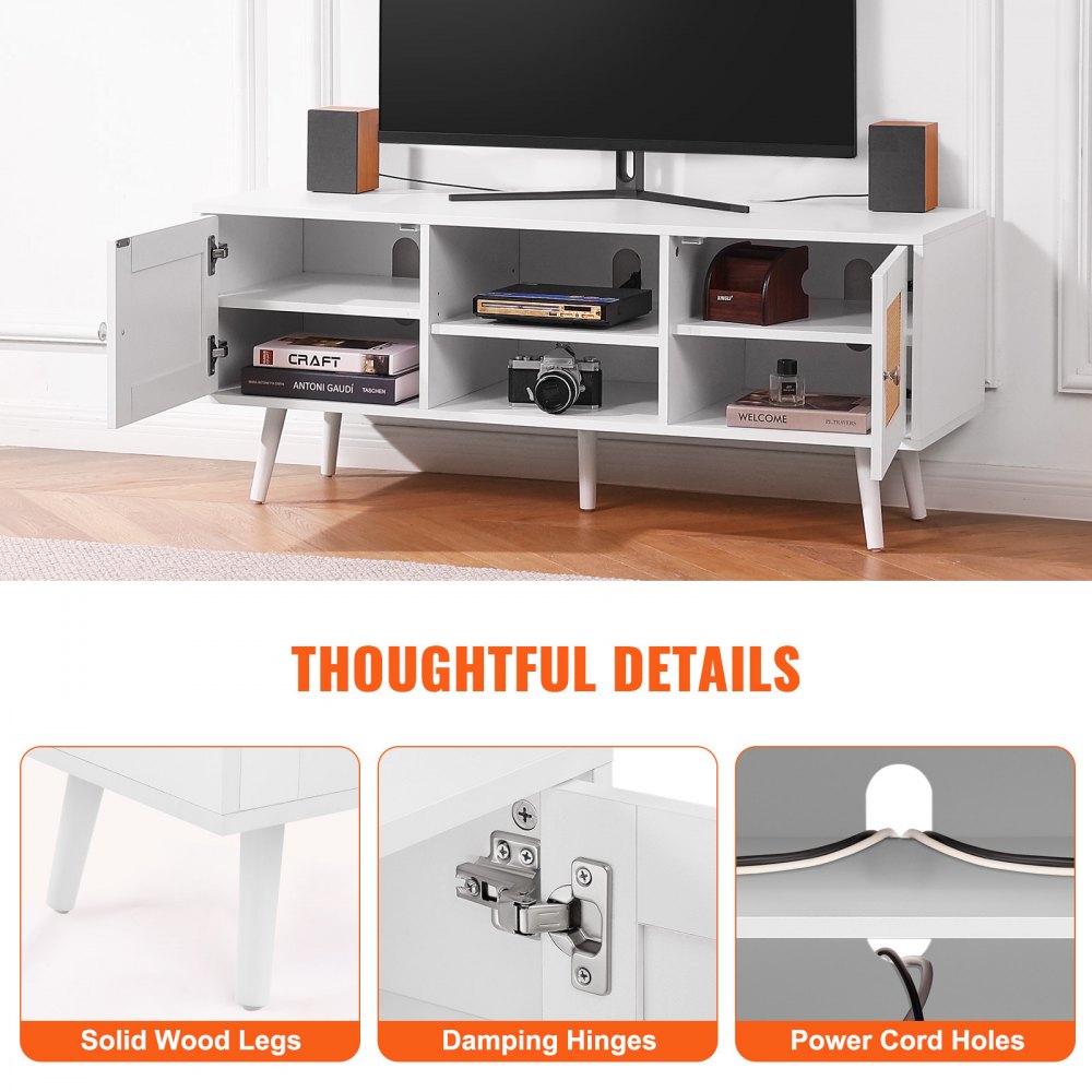VEVOR Mobile TV in Rattan, Mobile TV Boho per TV, Moderno di metà secolo, Console TV Rattan con Ripiani Regolabili Soggiorno, Sala Multimediale, Studio, 120 x 40 x 49 cm, 2 Ante 2 Cassetti, Bianco