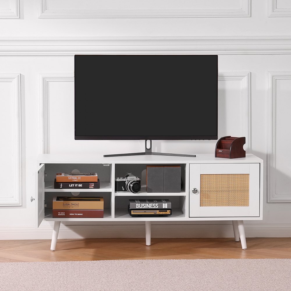 VEVOR Mobile TV in Rattan, Mobile TV Boho per TV, Moderno di metà secolo, Console TV Rattan con Ripiani Regolabili Soggiorno, Sala Multimediale, Studio, 120 x 40 x 49 cm, 2 Ante 2 Cassetti, Bianco