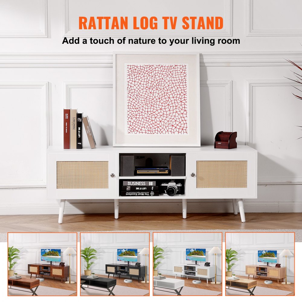 VEVOR Mobile TV in Rattan, Stile Moderno Mid Century per Televisori da 1651 mm, Boho con Presa Integrata e Porte USB, Ripiani Regolabili per Soggiorno, Sala Multimediale Bianco