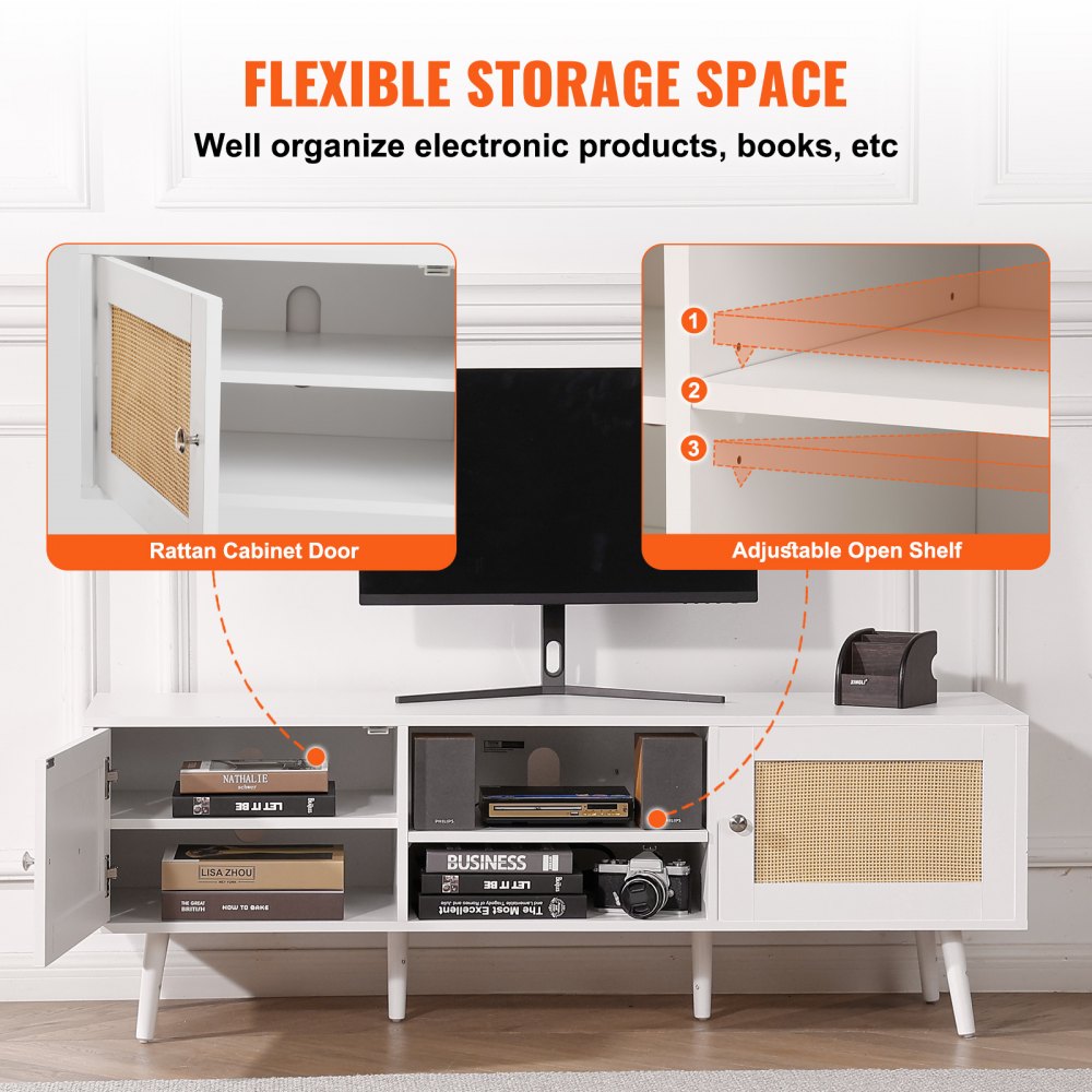 VEVOR Mobile TV in Rattan, Stile Moderno Mid Century per Televisori da 1651 mm, Boho con Presa Integrata e Porte USB, Ripiani Regolabili per Soggiorno, Sala Multimediale Bianco