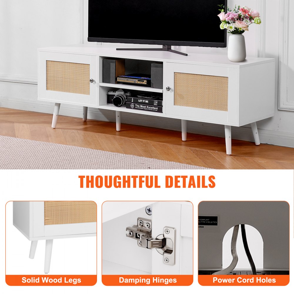 VEVOR Mobile TV in Rattan, Stile Moderno Mid Century per Televisori da 1651 mm, Boho con Presa Integrata e Porte USB, Ripiani Regolabili per Soggiorno, Sala Multimediale Bianco