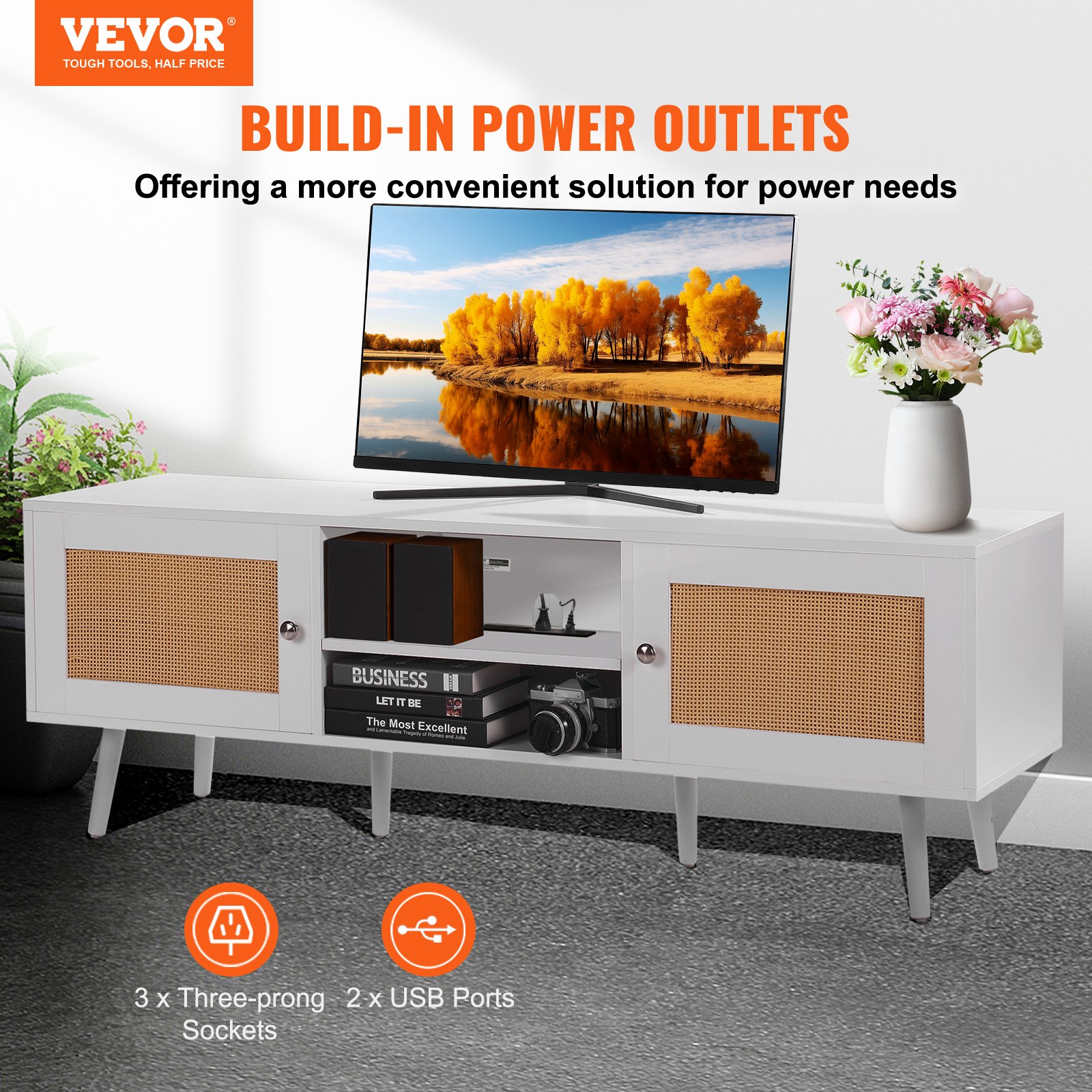 VEVOR Mobile TV in Rattan, Stile Moderno Mid Century per Televisori da 1651 mm, Boho con Presa Integrata e Porte USB, Ripiani Regolabili per Soggiorno, Sala Multimediale Bianco