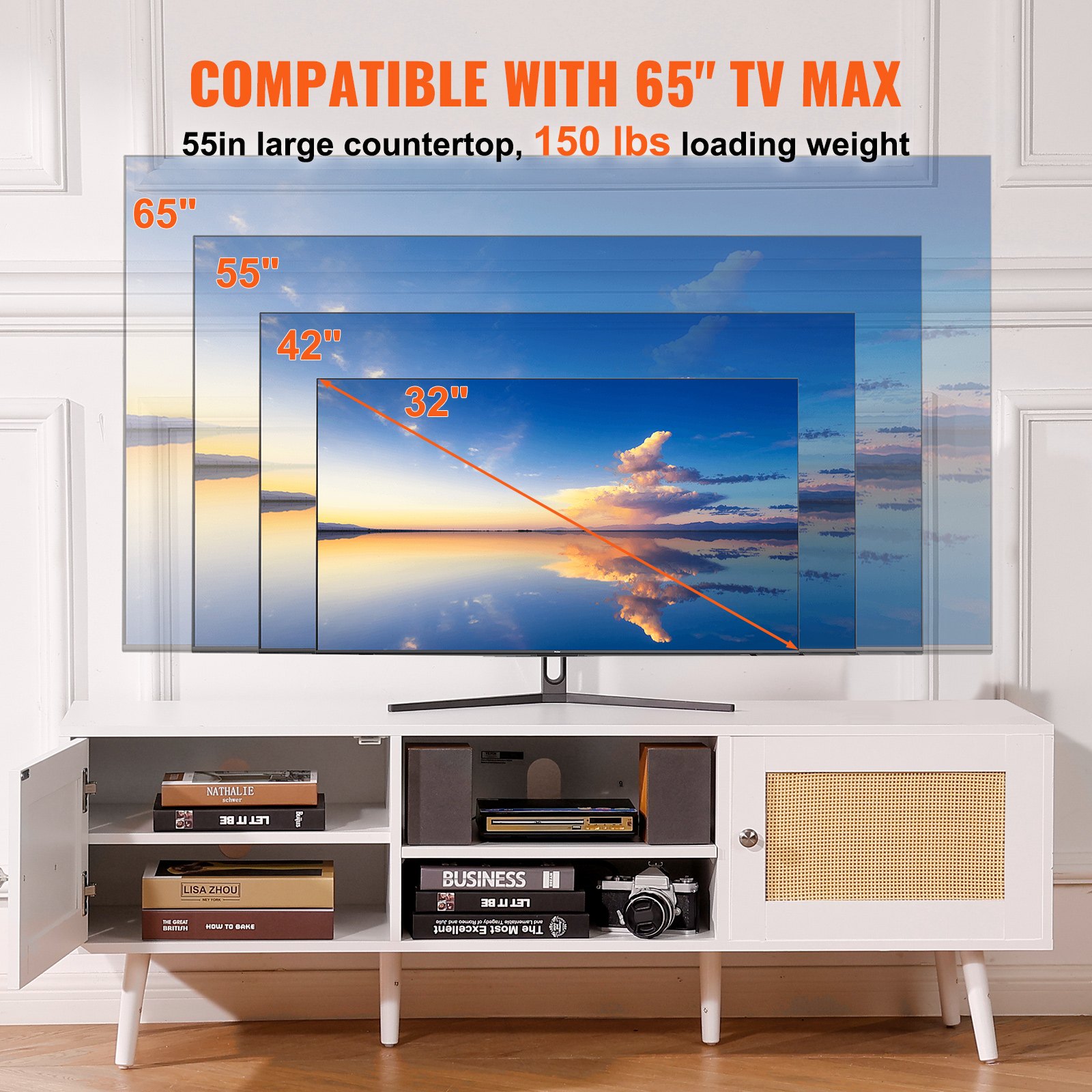 VEVOR Mobile TV in Rattan, Stile Moderno Mid Century per Televisori da 1651 mm, Boho con Presa Integrata e Porte USB, Ripiani Regolabili per Soggiorno, Sala Multimediale Bianco