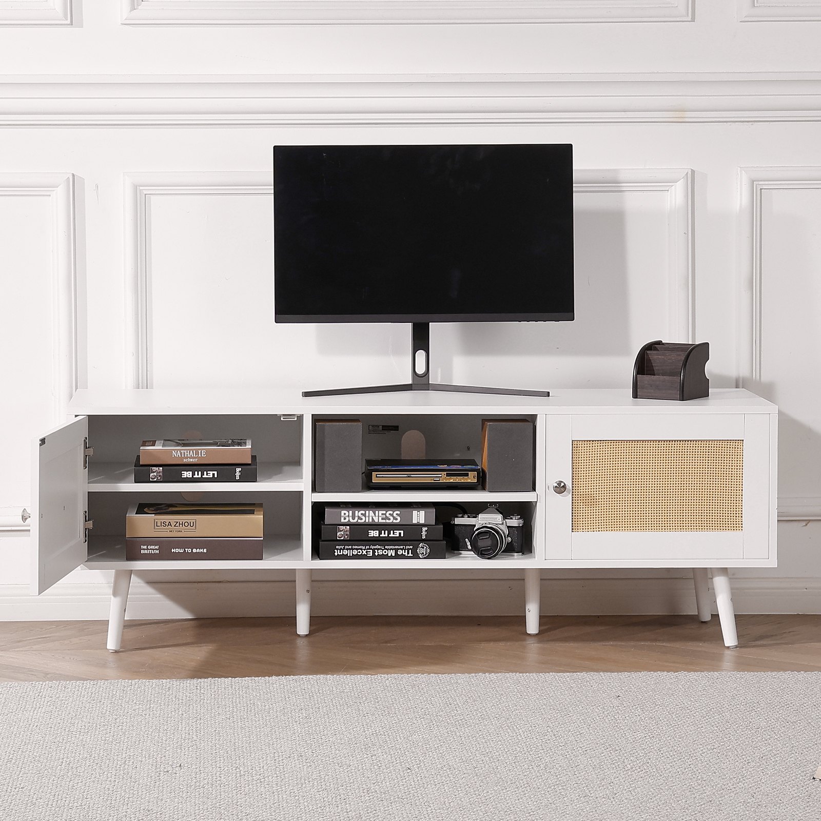 VEVOR Mobile TV in Rattan, Stile Moderno Mid Century per Televisori da 1651 mm, Boho con Presa Integrata e Porte USB, Ripiani Regolabili per Soggiorno, Sala Multimediale Bianco