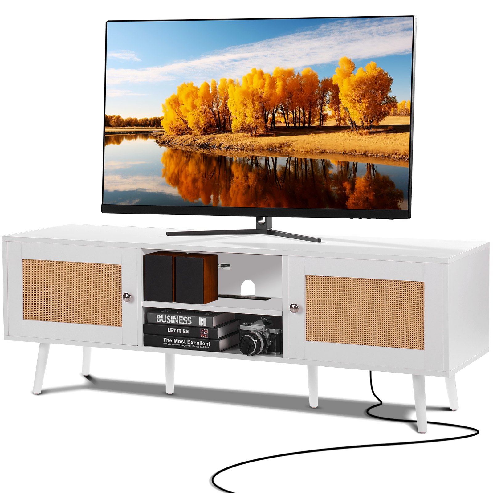 VEVOR Mobile TV in Rattan, Stile Moderno Mid Century per Televisori da 1651 mm, Boho con Presa Integrata e Porte USB, Ripiani Regolabili per Soggiorno, Sala Multimediale Bianco