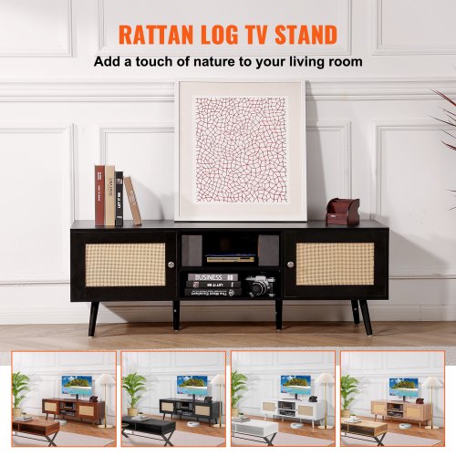 Supporto TV Boho 65 Pollici Con Porte In Rattan, Mobile Console Centro Intrattenimento Nero
