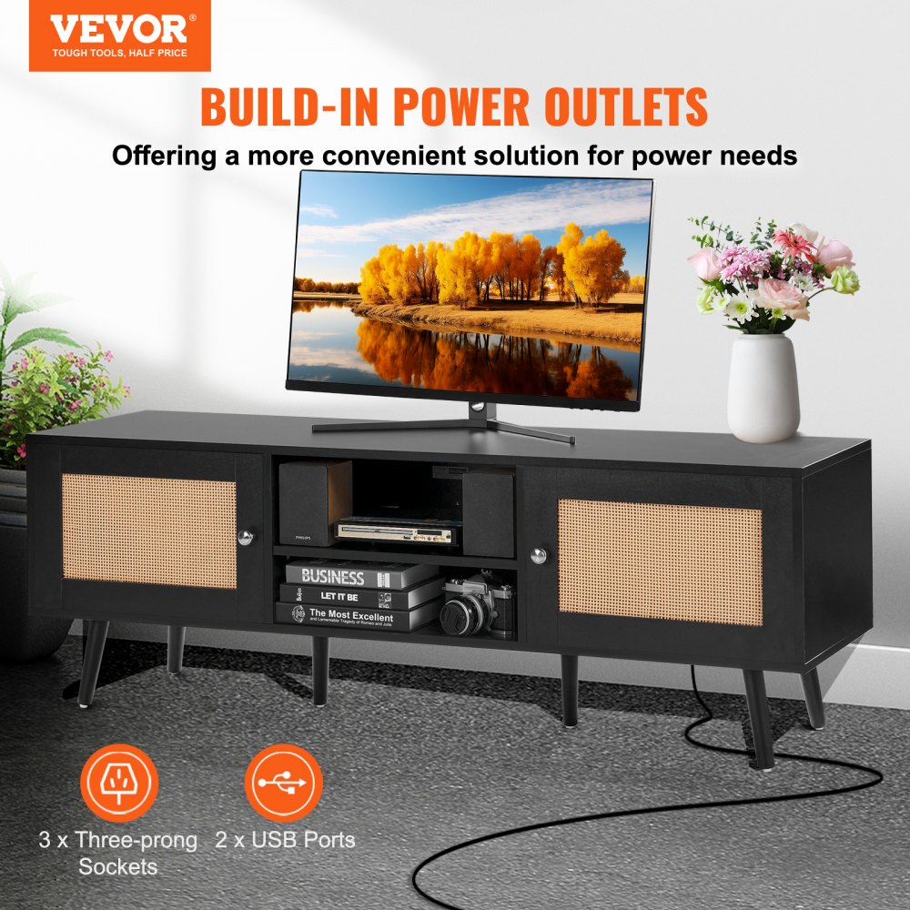 VEVOR Mobile TV in Rattan, Mobile TV Moderno Mid Century per TV da 1651 mm, Mobile TV Boho in Rattan con Presa Integrata e Porte USB, Ripiani Regolabili per Soggiorno, Mobile Sala Multimediale, Nero