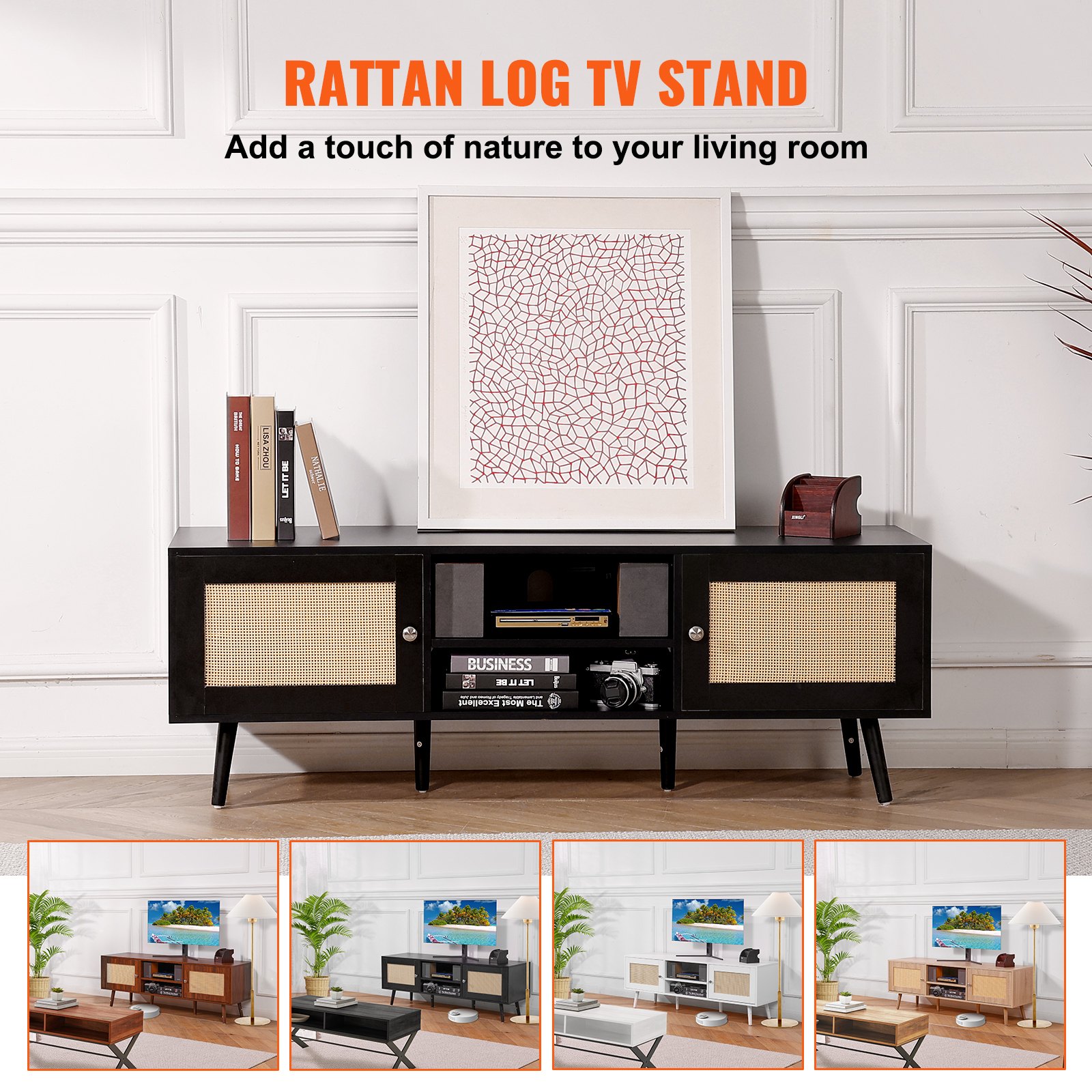 VEVOR Mobile TV in Rattan, Mobile TV Moderno Mid Century per TV da 1651 mm, Mobile TV Boho in Rattan con Presa Integrata e Porte USB, Ripiani Regolabili per Soggiorno, Mobile Sala Multimediale, Nero