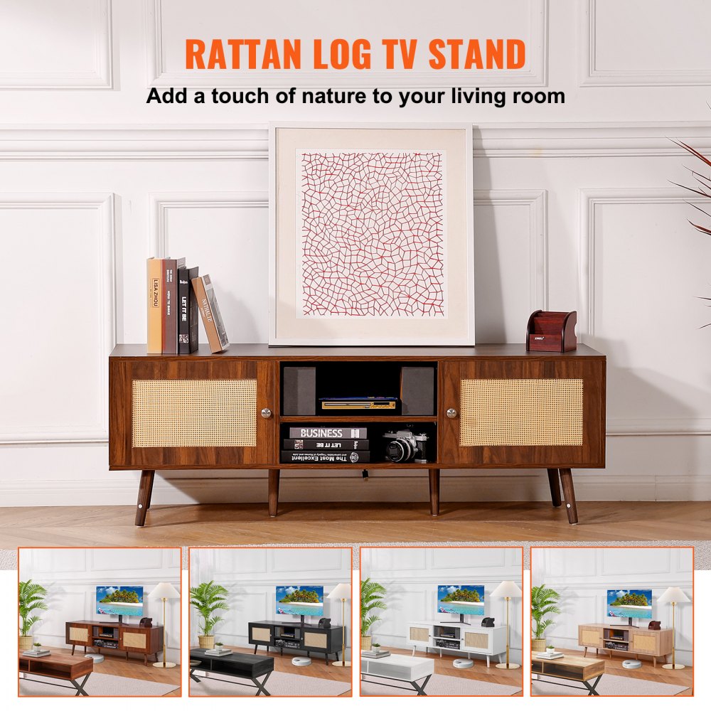VEVOR Rattan TV Stand, Modern TV Cabinet for 165 cm TVs, Boho Rattan TV Cabinet with Built-in Power Outlet & USB Ports, Adjustable Shelves for Living Room, Media Room, Walnut