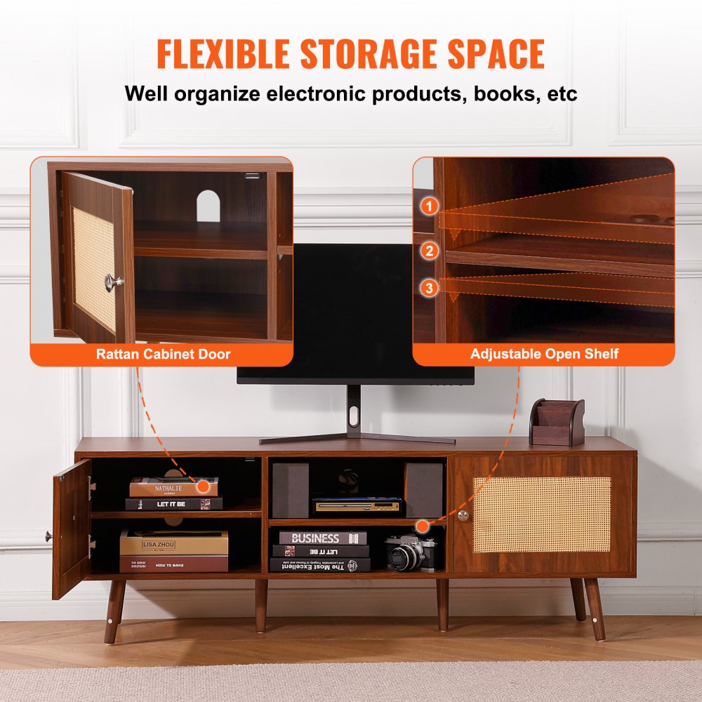 VEVOR Rattan TV Stand, Modern TV Cabinet for 165 cm TVs, Boho Rattan TV Cabinet with Built-in Power Outlet & USB Ports, Adjustable Shelves for Living Room, Media Room, Walnut
