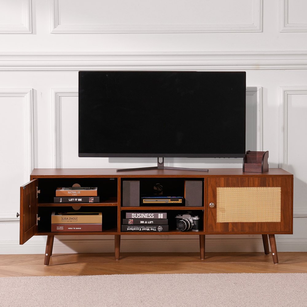 VEVOR Rattan TV Stand, Modern TV Cabinet for 165 cm TVs, Boho Rattan TV Cabinet with Built-in Power Outlet & USB Ports, Adjustable Shelves for Living Room, Media Room, Walnut