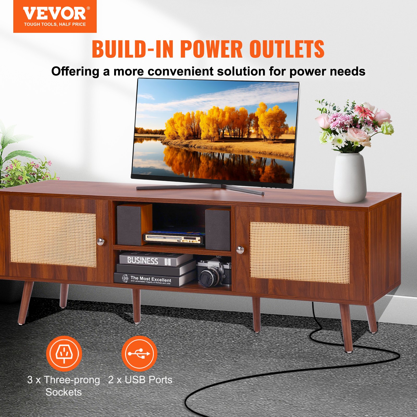 VEVOR Rattan TV Stand, Modern TV Cabinet for 165 cm TVs, Boho Rattan TV Cabinet with Built-in Power Outlet & USB Ports, Adjustable Shelves for Living Room, Media Room, Walnut
