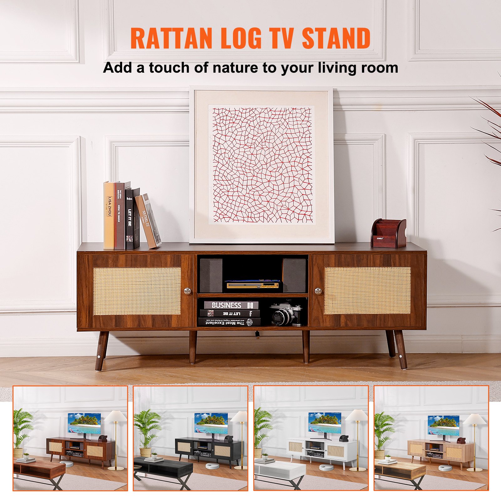VEVOR Rattan TV Stand, Modern TV Cabinet for 165 cm TVs, Boho Rattan TV Cabinet with Built-in Power Outlet & USB Ports, Adjustable Shelves for Living Room, Media Room, Walnut