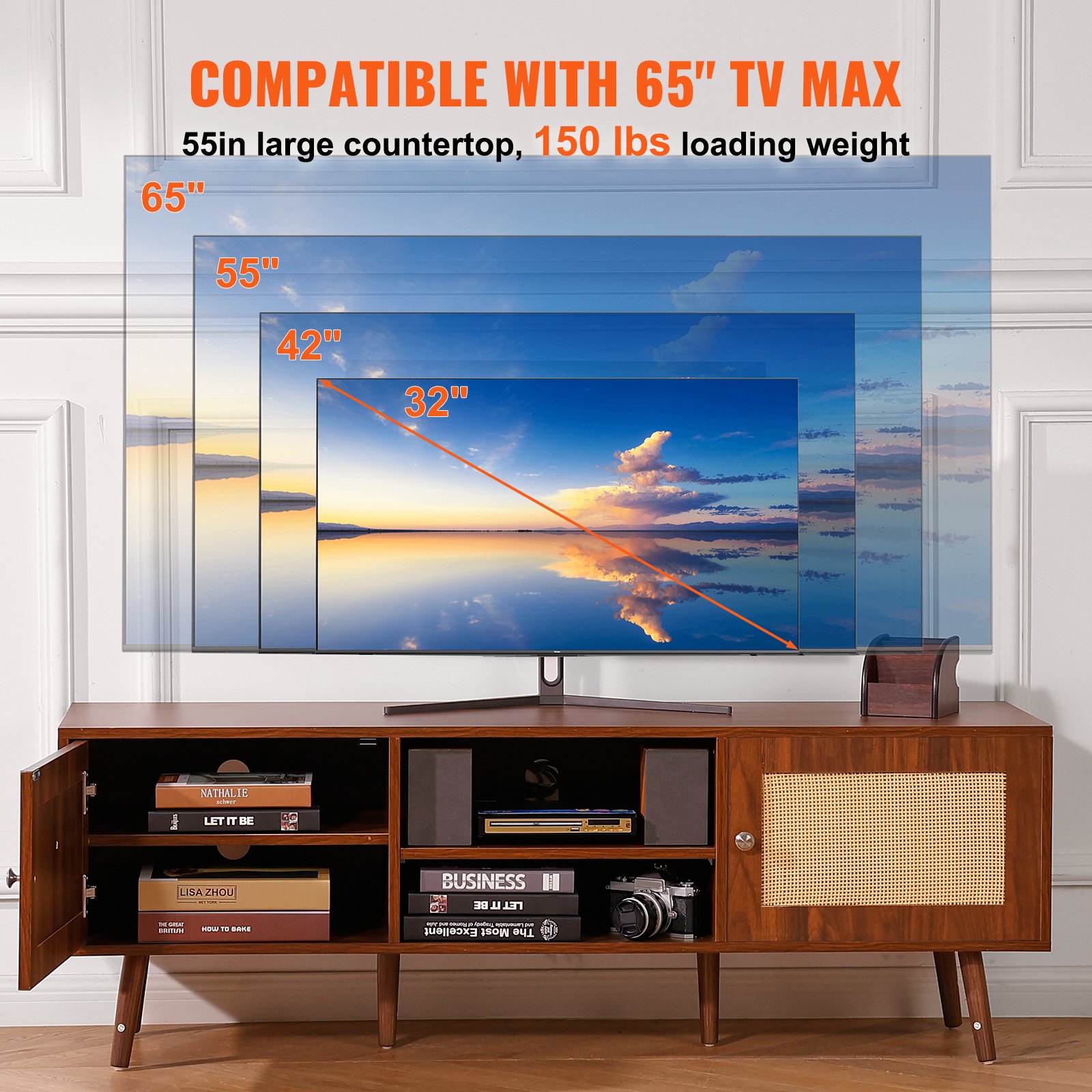 VEVOR Rattan TV Stand, Modern TV Cabinet for 165 cm TVs, Boho Rattan TV Cabinet with Built-in Power Outlet & USB Ports, Adjustable Shelves for Living Room, Media Room, Walnut