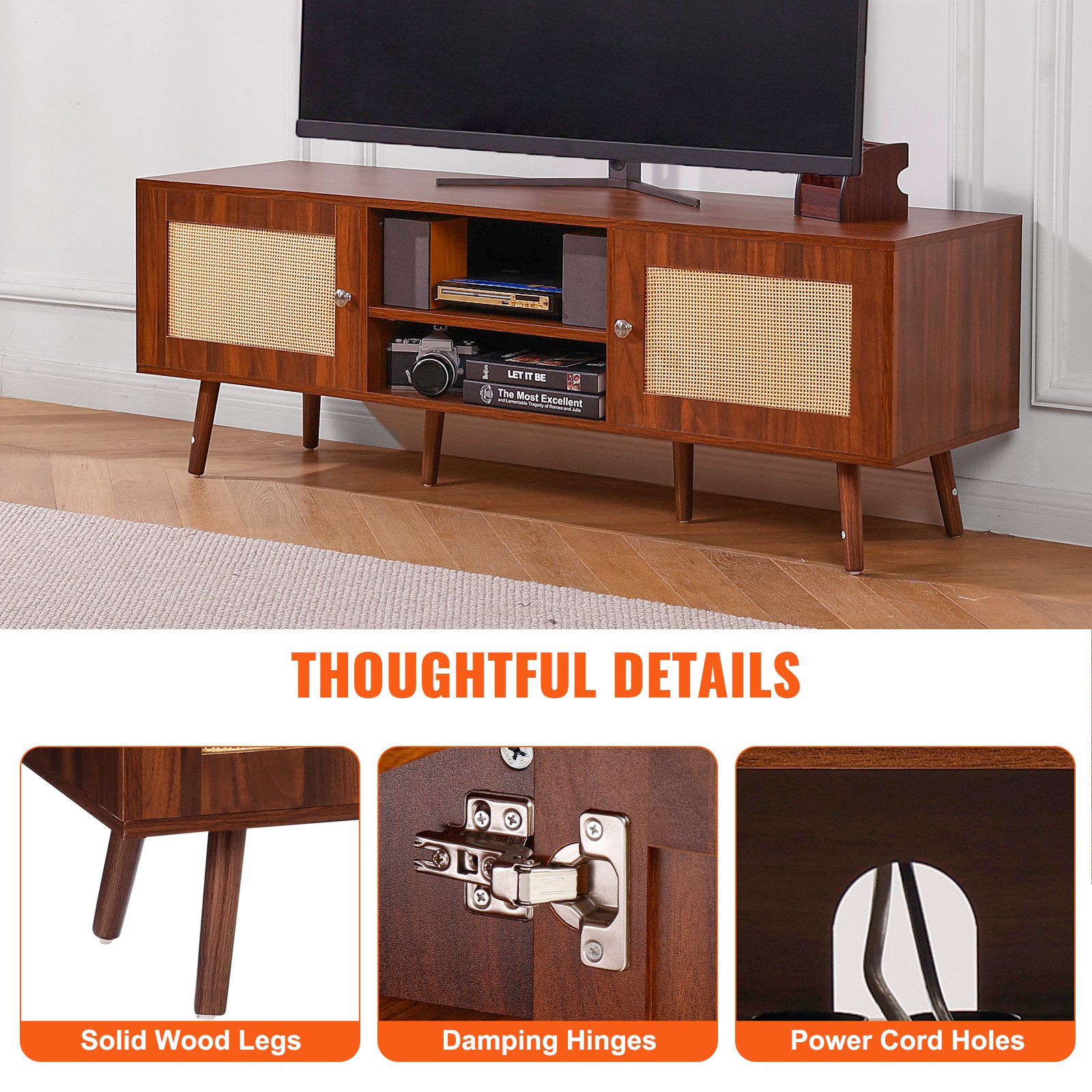 VEVOR Rattan TV Stand, Modern TV Cabinet for 165 cm TVs, Boho Rattan TV Cabinet with Built-in Power Outlet & USB Ports, Adjustable Shelves for Living Room, Media Room, Walnut