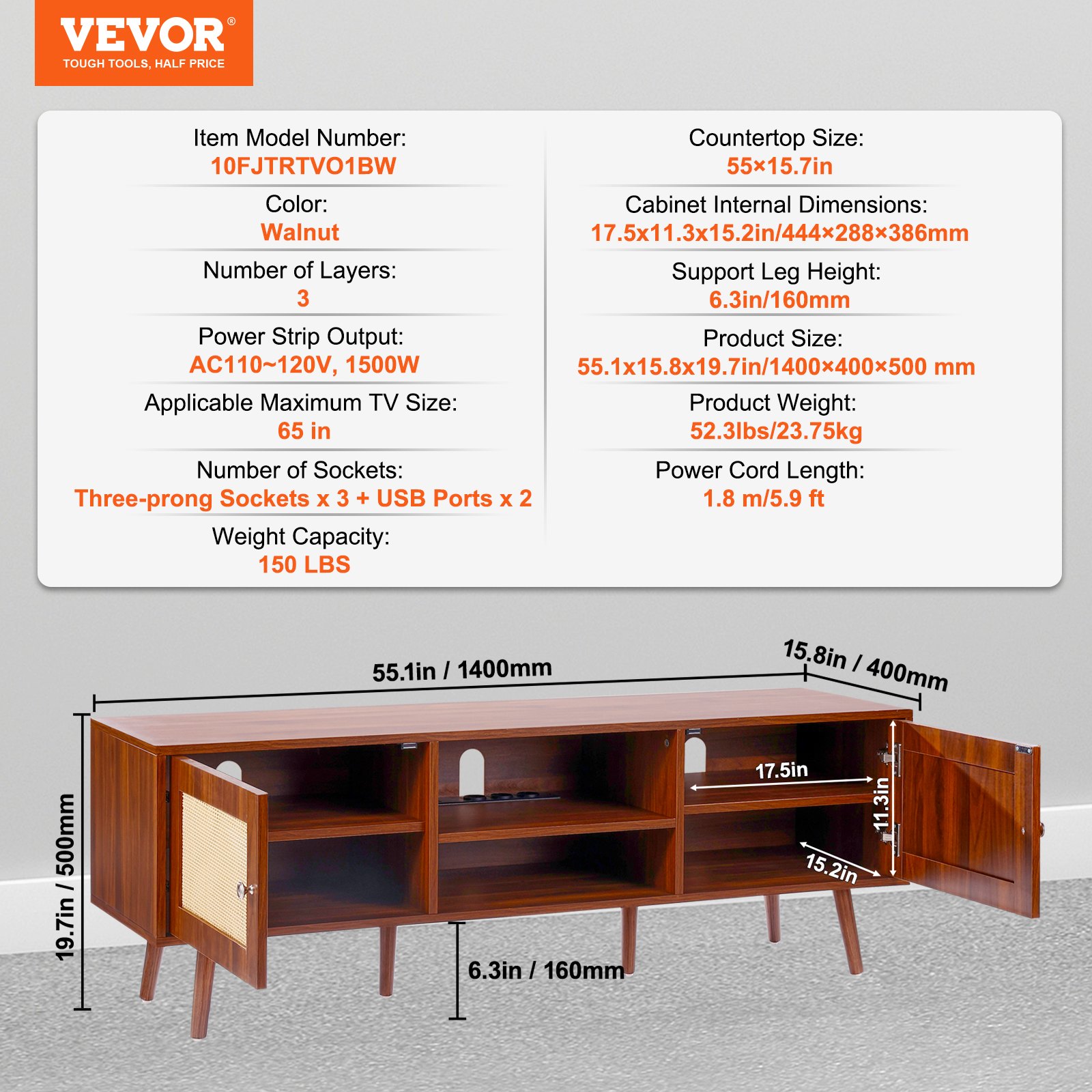 VEVOR Rattan TV Stand, Modern TV Cabinet for 165 cm TVs, Boho Rattan TV Cabinet with Built-in Power Outlet & USB Ports, Adjustable Shelves for Living Room, Media Room, Walnut
