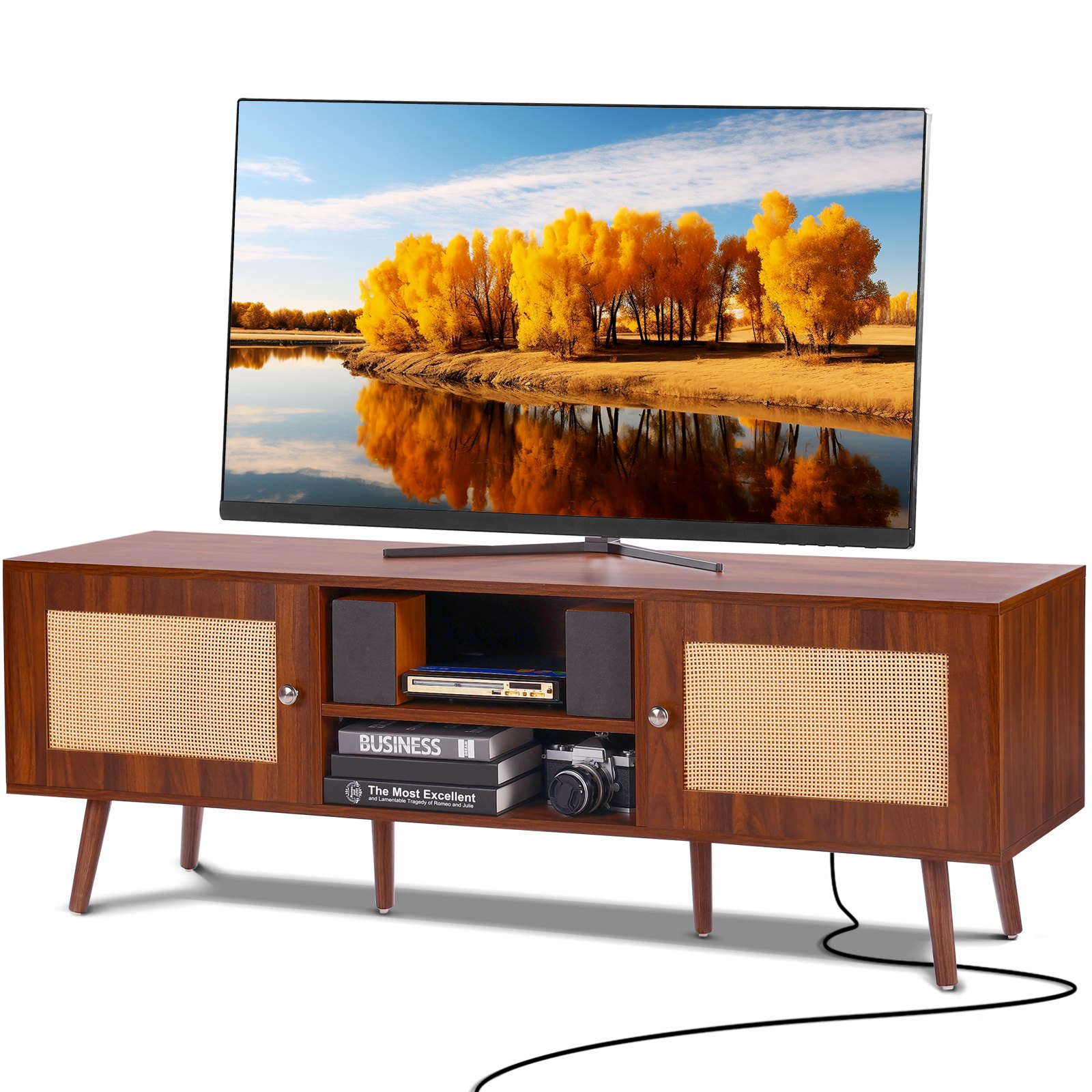 VEVOR Rattan TV Stand, Modern TV Cabinet for 165 cm TVs, Boho Rattan TV Cabinet with Built-in Power Outlet & USB Ports, Adjustable Shelves for Living Room, Media Room, Walnut