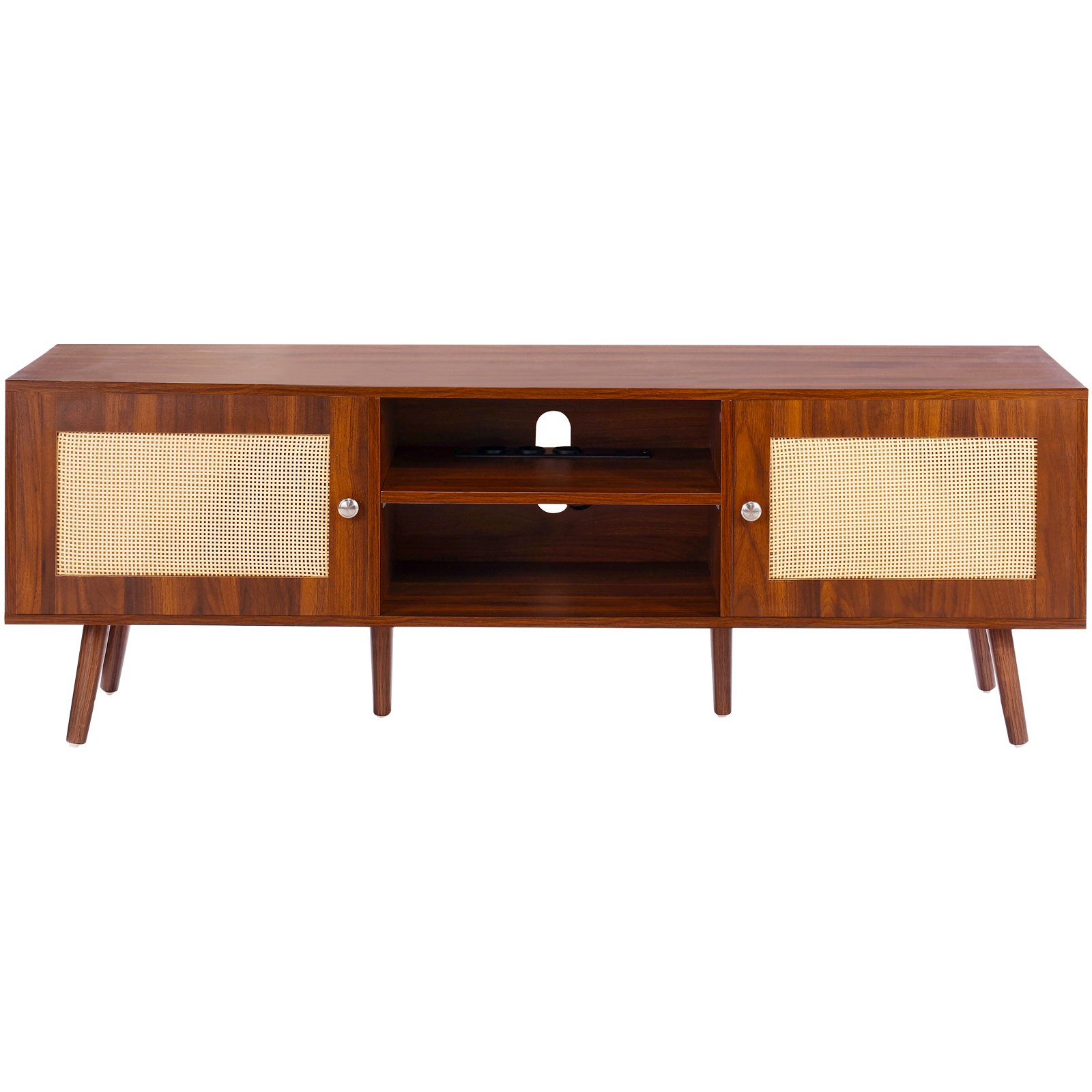 VEVOR Rattan TV Stand, Modern TV Cabinet for 165 cm TVs, Boho Rattan TV Cabinet with Built-in Power Outlet & USB Ports, Adjustable Shelves for Living Room, Media Room, Walnut