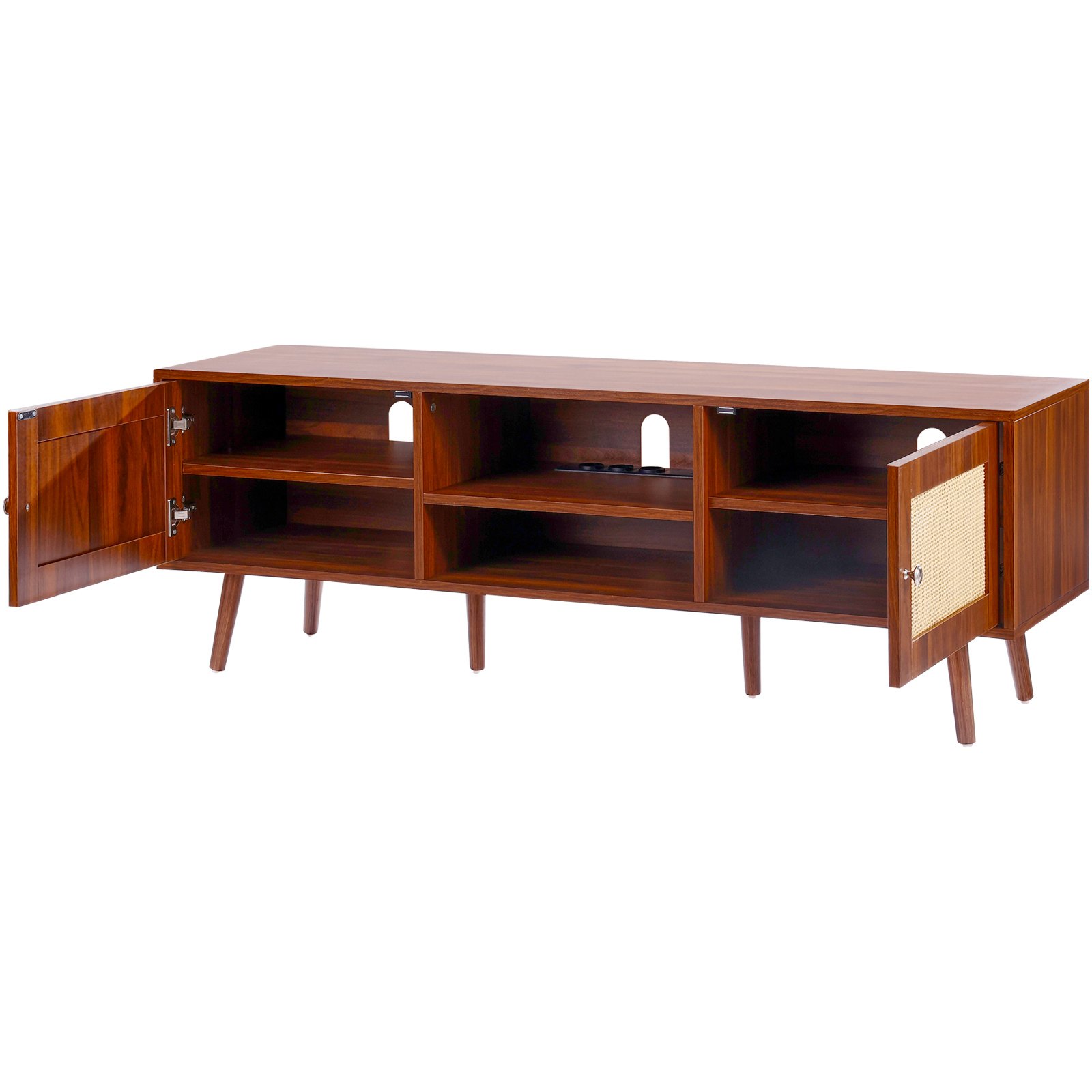 VEVOR Rattan TV Stand, Modern TV Cabinet for 165 cm TVs, Boho Rattan TV Cabinet with Built-in Power Outlet & USB Ports, Adjustable Shelves for Living Room, Media Room, Walnut