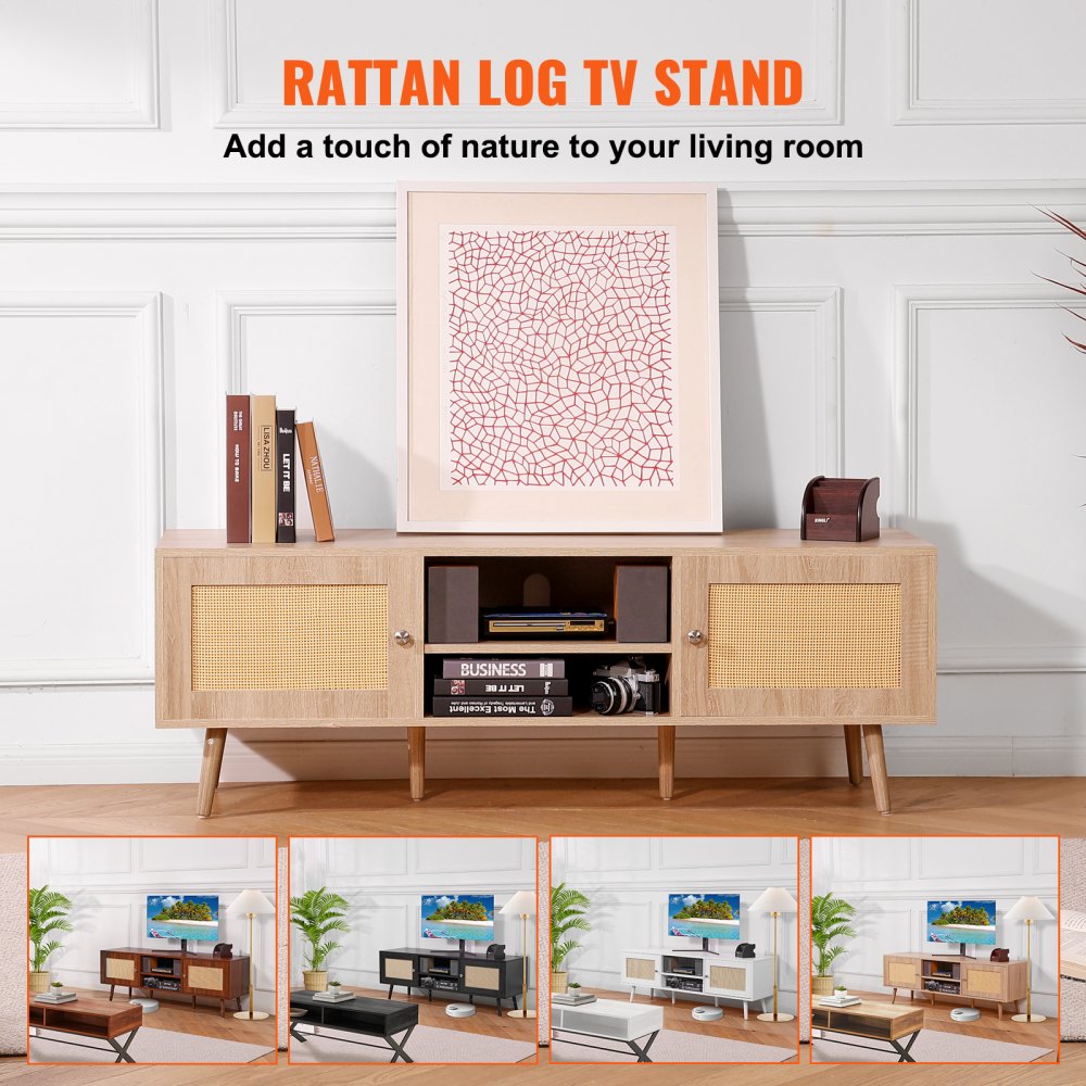 VEVOR Mobile TV in Rattan, Mobile TV Moderno Mid Century per TV da 1651 mm, Mobile TV Boho in Rattan con Presa Integrata e Porte USB, Ripiani Regolabili per Soggiorno, Mobile Sala Multimediale, Rovere