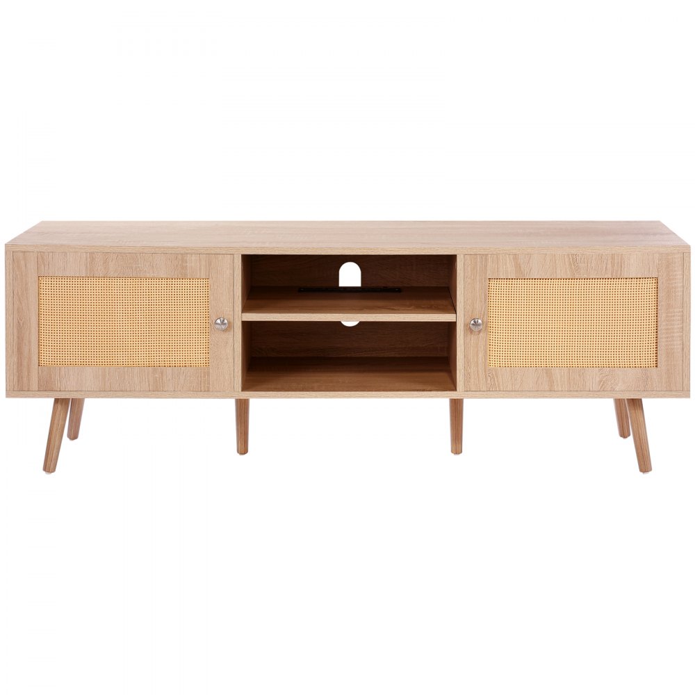 VEVOR Mobile TV in Rattan, Mobile TV Moderno Mid Century per TV da 1651 mm, Mobile TV Boho in Rattan con Presa Integrata e Porte USB, Ripiani Regolabili per Soggiorno, Mobile Sala Multimediale, Rovere