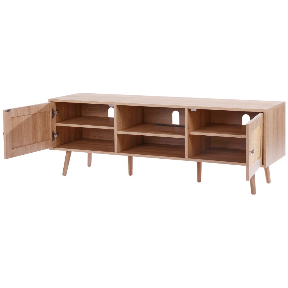 VEVOR Mobile TV in Rattan, Mobile TV Moderno Mid Century per TV da 1651 mm, Mobile TV Boho in Rattan con Presa Integrata e Porte USB, Ripiani Regolabili per Soggiorno, Mobile Sala Multimediale, Rovere