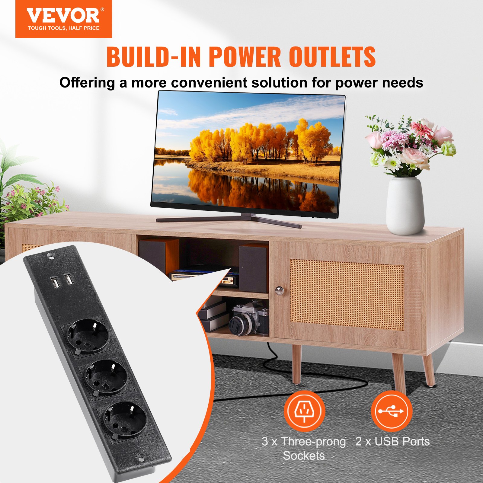 VEVOR Mobile TV in Rattan, Mobile TV Moderno Mid Century per TV da 1651 mm, Mobile TV Boho in Rattan con Presa Integrata e Porte USB, Ripiani Regolabili per Soggiorno, Mobile Sala Multimediale, Rovere