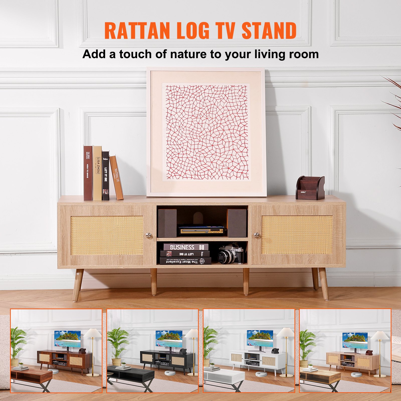 VEVOR Mobile TV in Rattan, Mobile TV Moderno Mid Century per TV da 1651 mm, Mobile TV Boho in Rattan con Presa Integrata e Porte USB, Ripiani Regolabili per Soggiorno, Mobile Sala Multimediale, Rovere